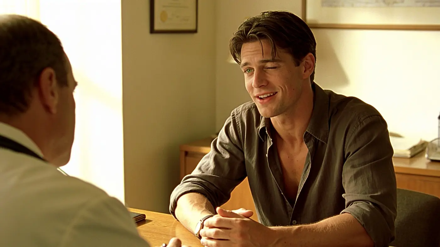 A young man relaxed mid-conversation across a desk from a clinician in a bright office.