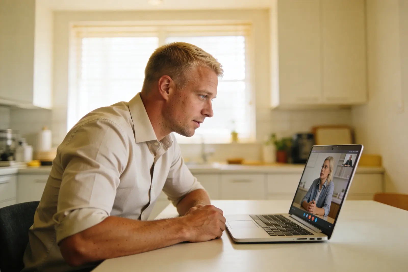 Man at a kitchen table on a telehealth video visit with a clinician on a laptop
