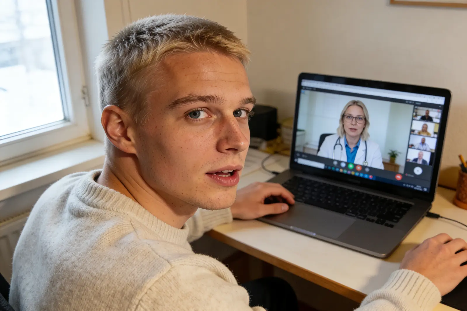 Young man at a desk on a telehealth call with a doctor on his laptop screen