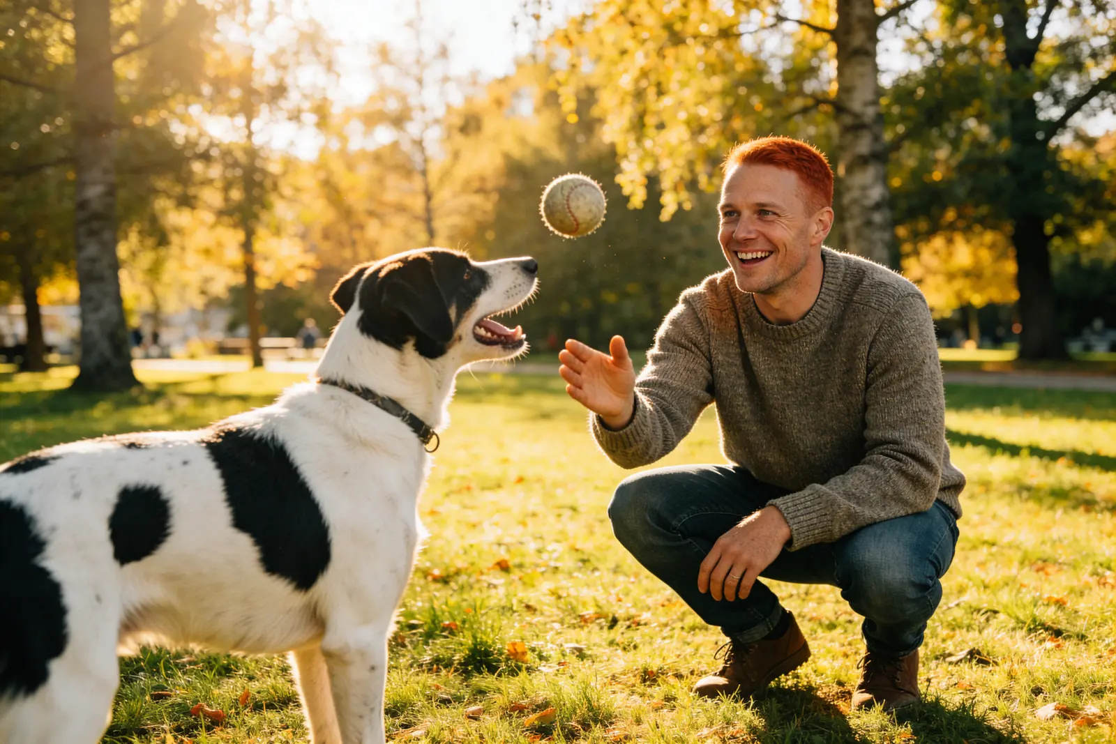 Smiling man crouching in a sunlit autumn park tossing a ball to his dog