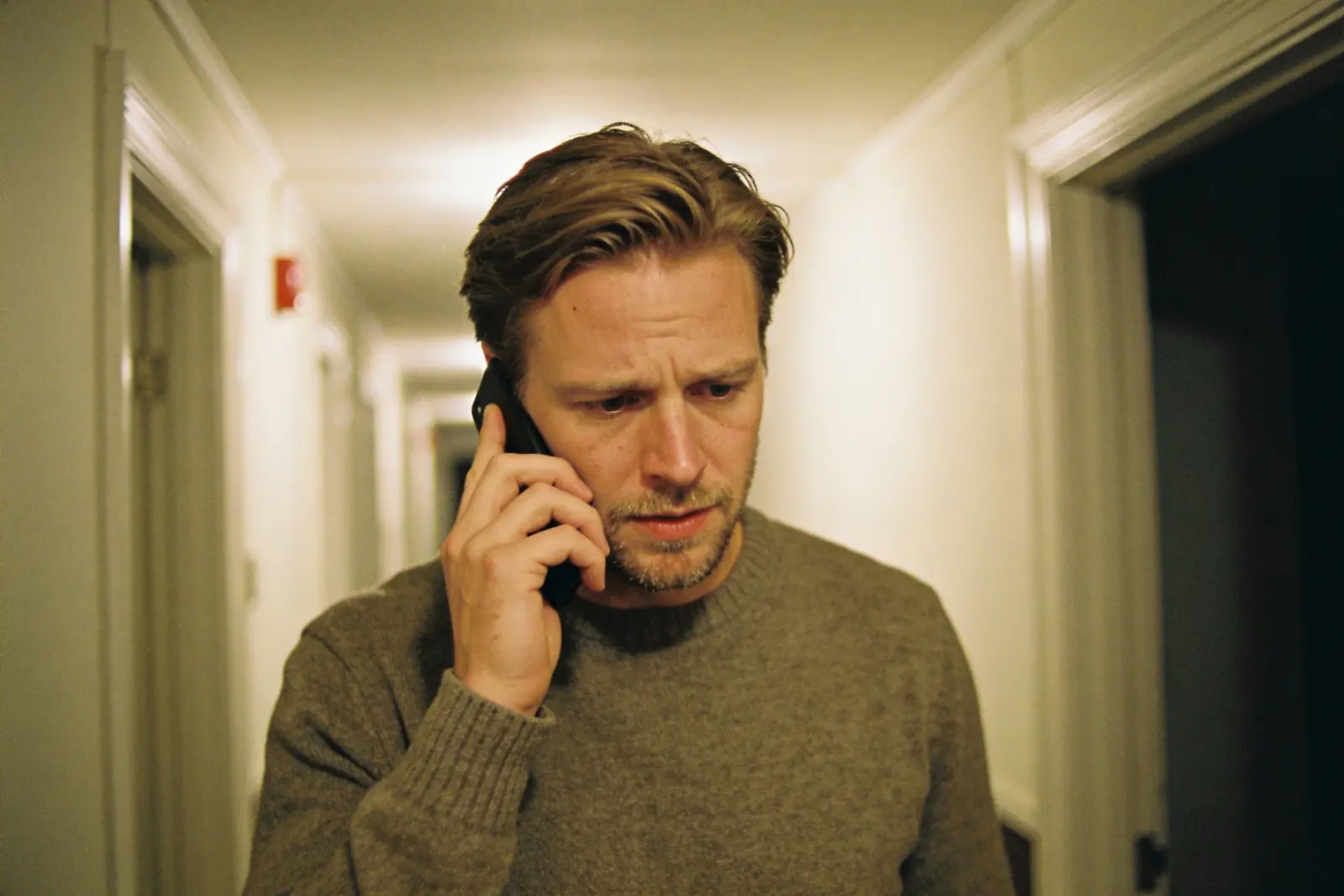 Worried man on the phone in a dim apartment hallway at night