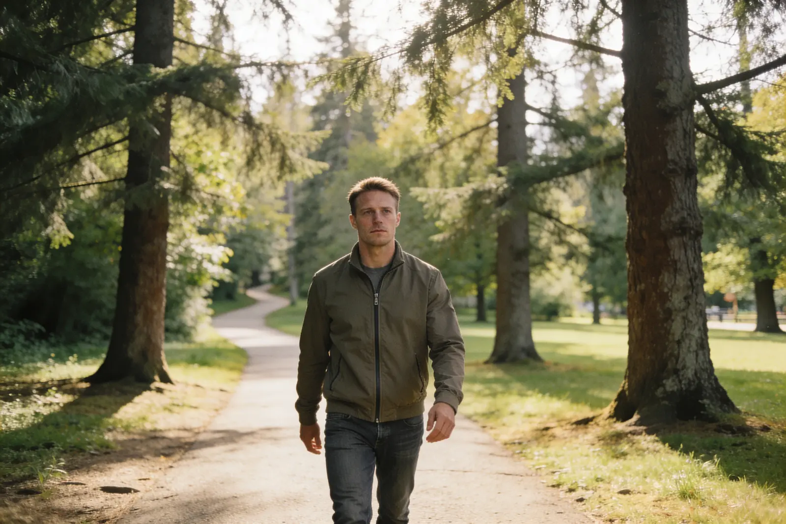 Man in a jacket walking alone down a sunlit tree-lined park path