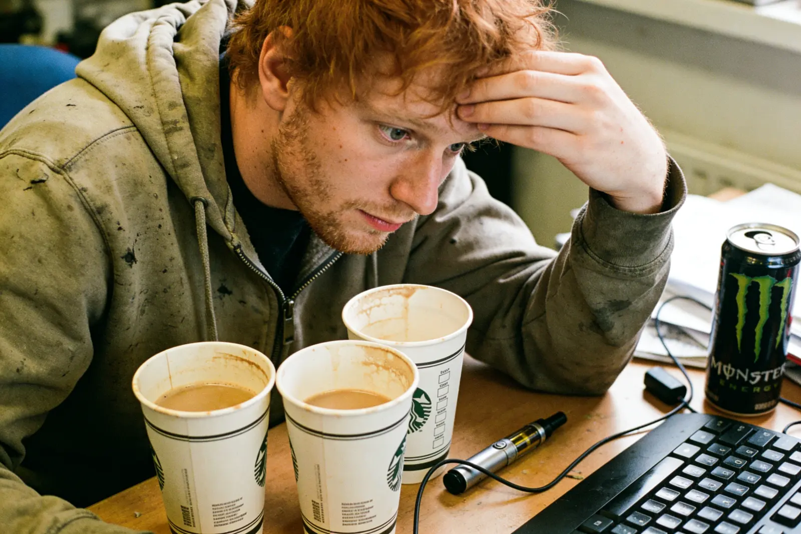 Tired man slumped at a desk facing coffee cups, an energy drink and keyboard