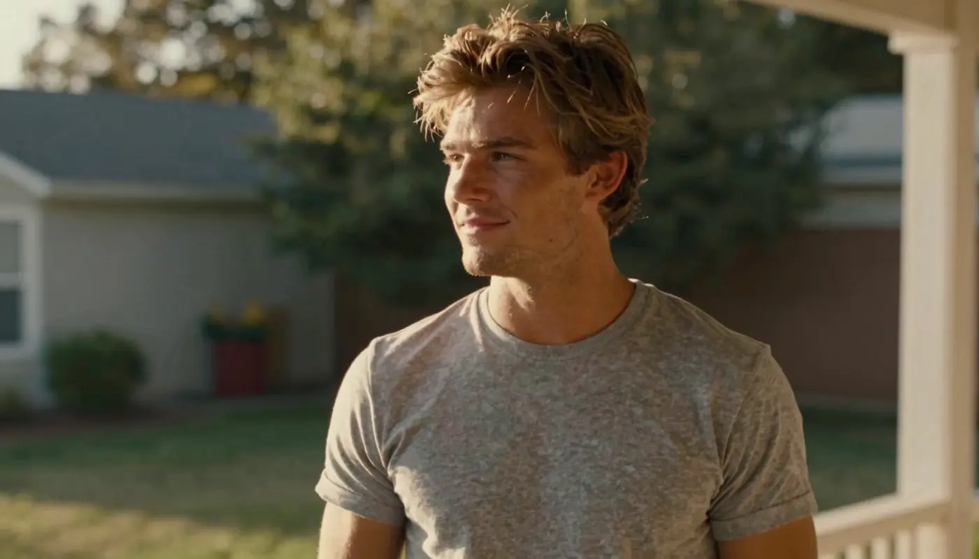 A young man on a back porch with a faint relieved half-smile as his mood starts to lift.