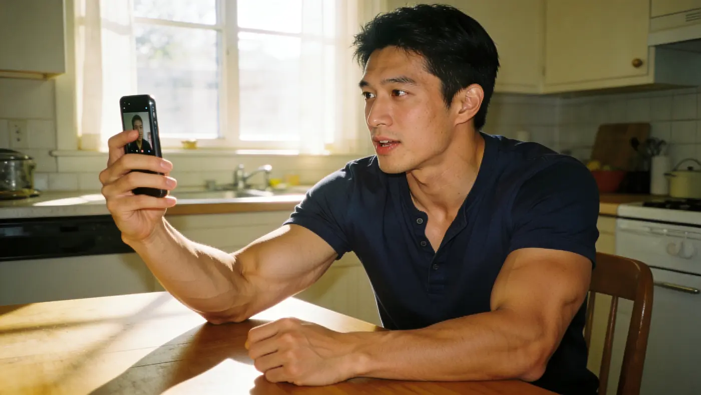 A young man having an attentive telehealth appointment on his phone at his kitchen table.