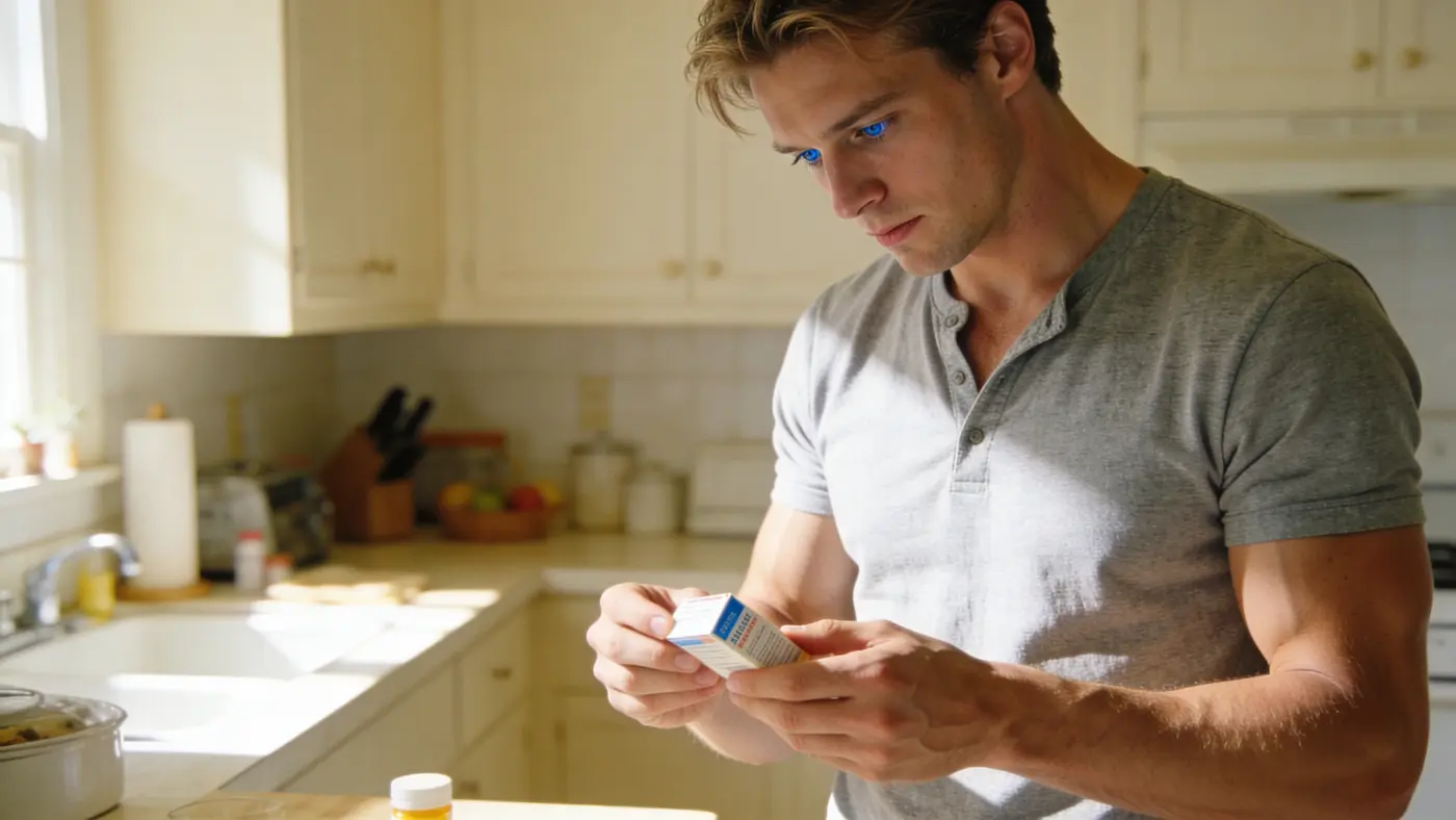 A fit young man reading the label on a medication box at his sunlit kitchen counter.