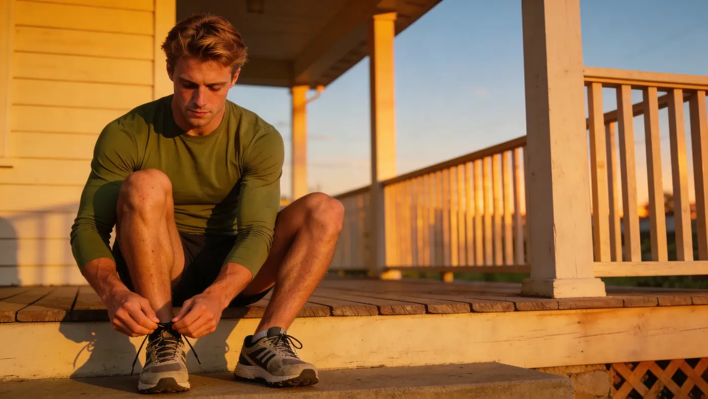 A fit young man lacing up his running shoes on a porch step in the evening light.