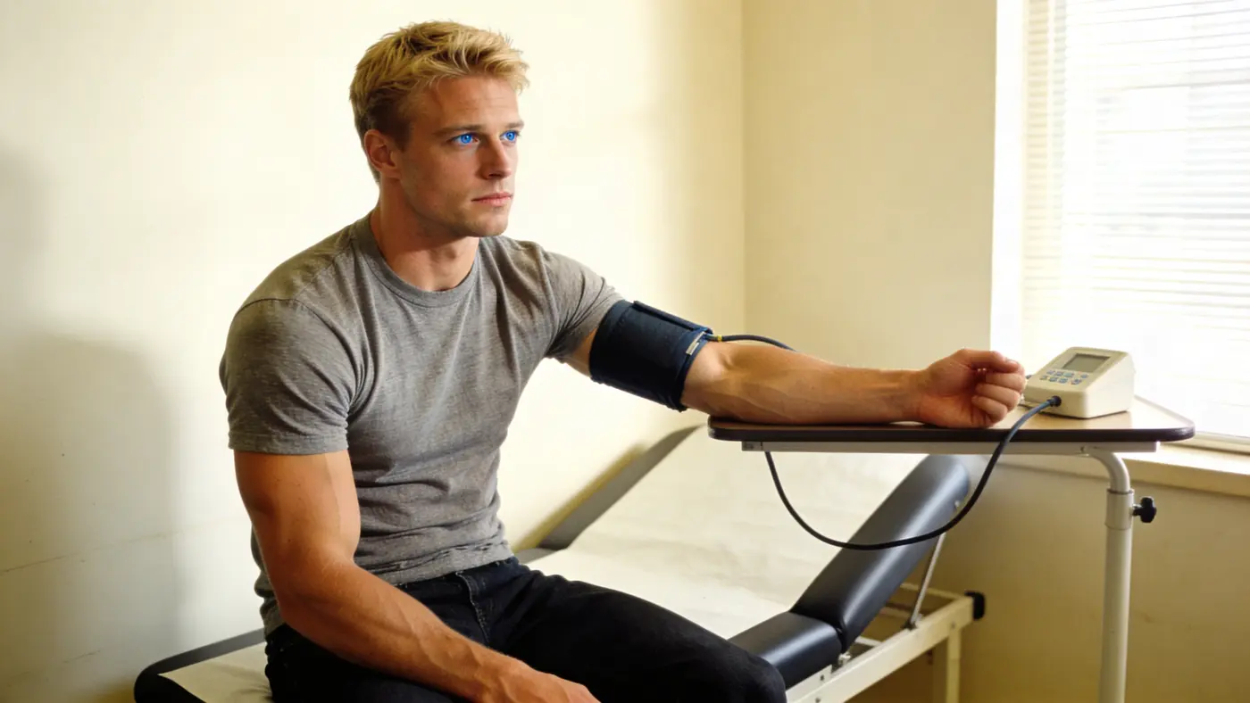 Young man having his blood pressure checked while seated on an exam table.