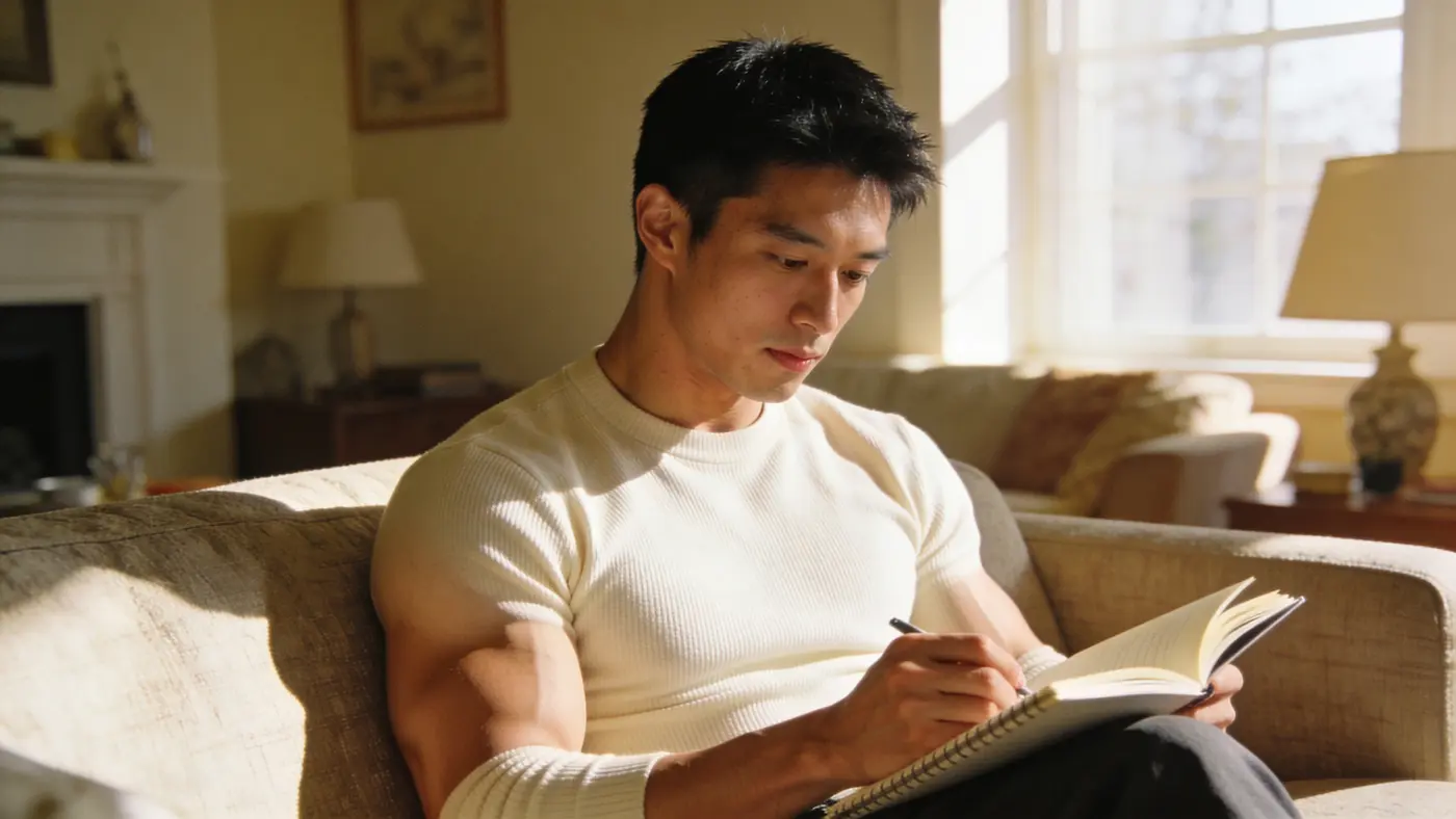 Young man sitting in warm light writing in a notebook, working out a plan.