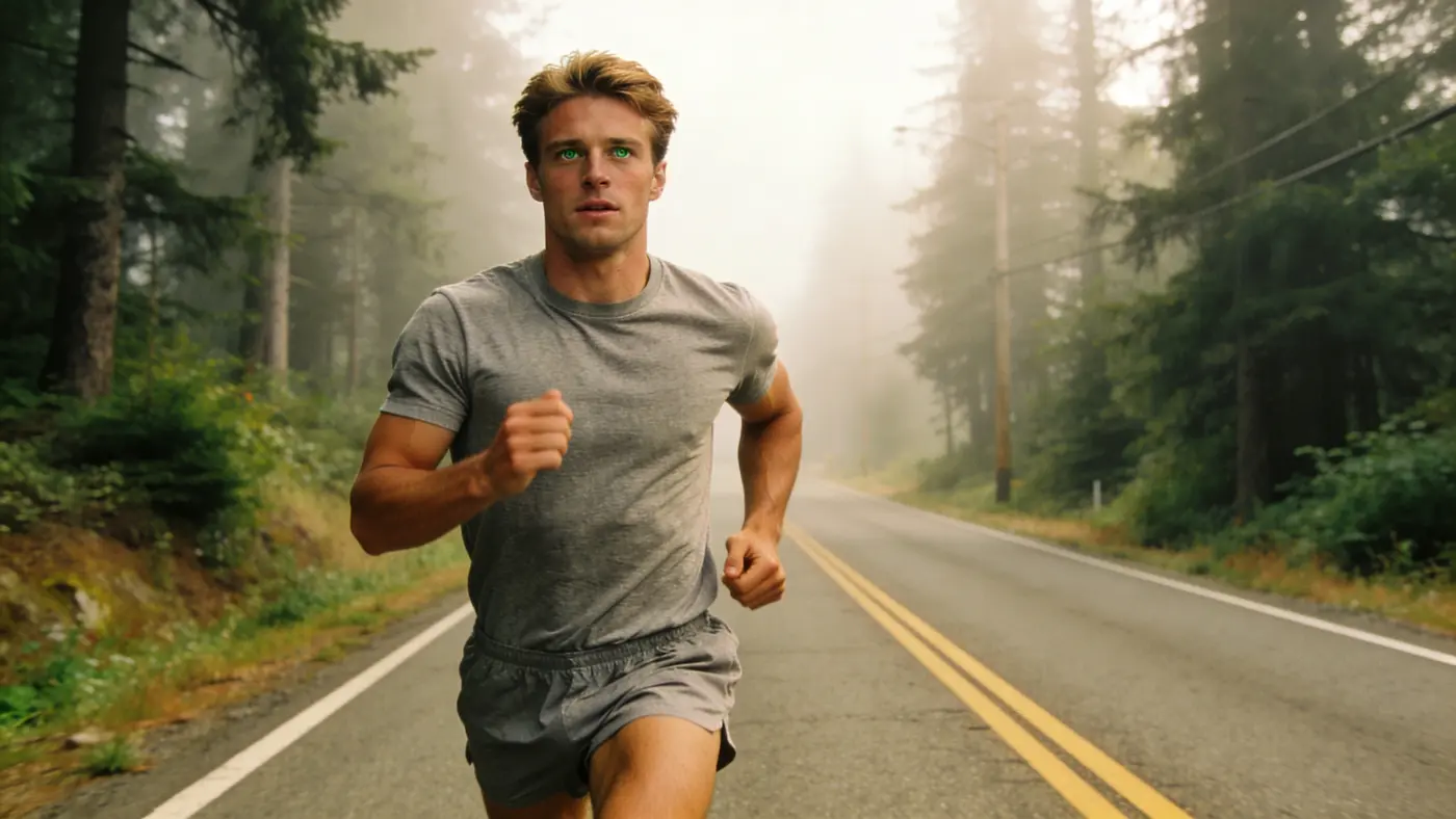 Fit young man jogging up a misty tree-lined road in the early morning.