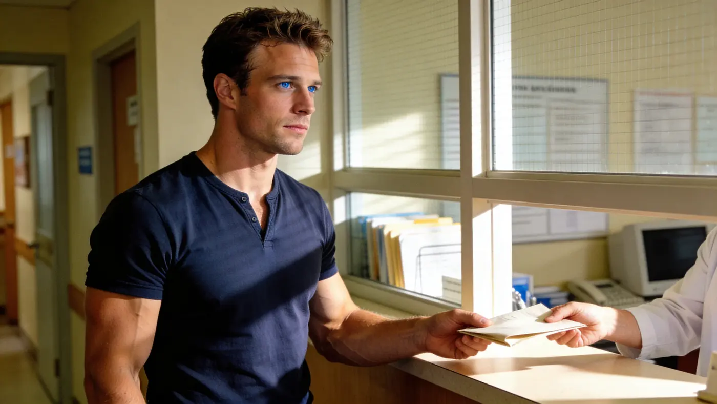 A fit young man at a bright clinic counter handing over a note before a blood test.