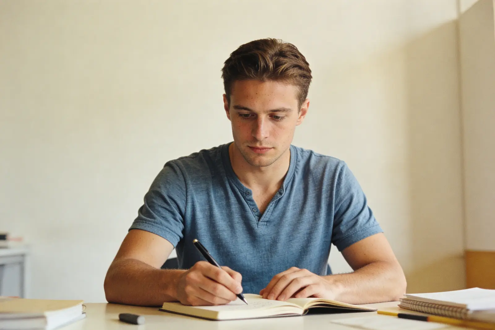 Young man in a blue shirt writing in a notebook at a desk