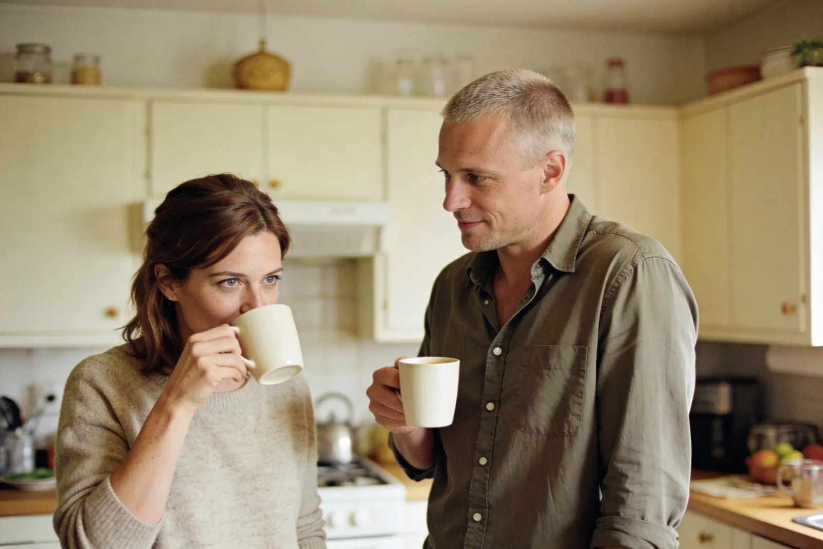 Couple sharing coffee and conversation in a warm home kitchen