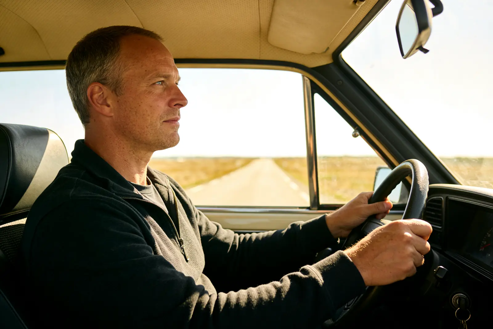 Man driving an older car on an open rural road, focused on the horizon