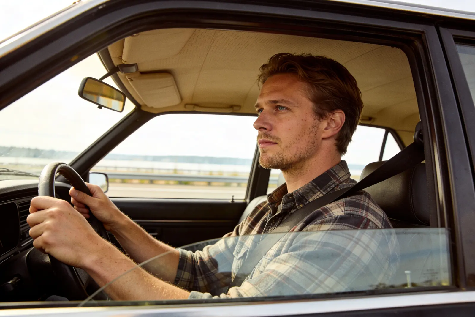 Bearded man in a plaid shirt driving with seatbelt on, gazing out the windshield