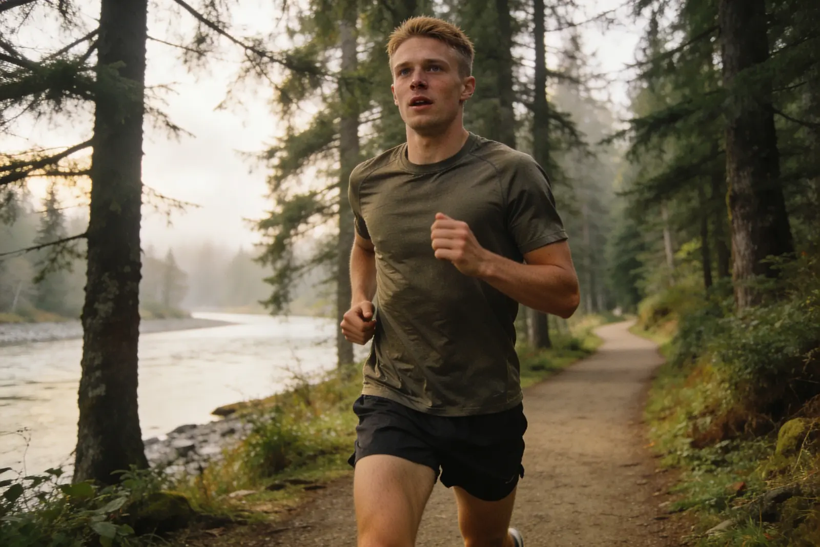 Young man running on a forest trail beside a misty river at dawn