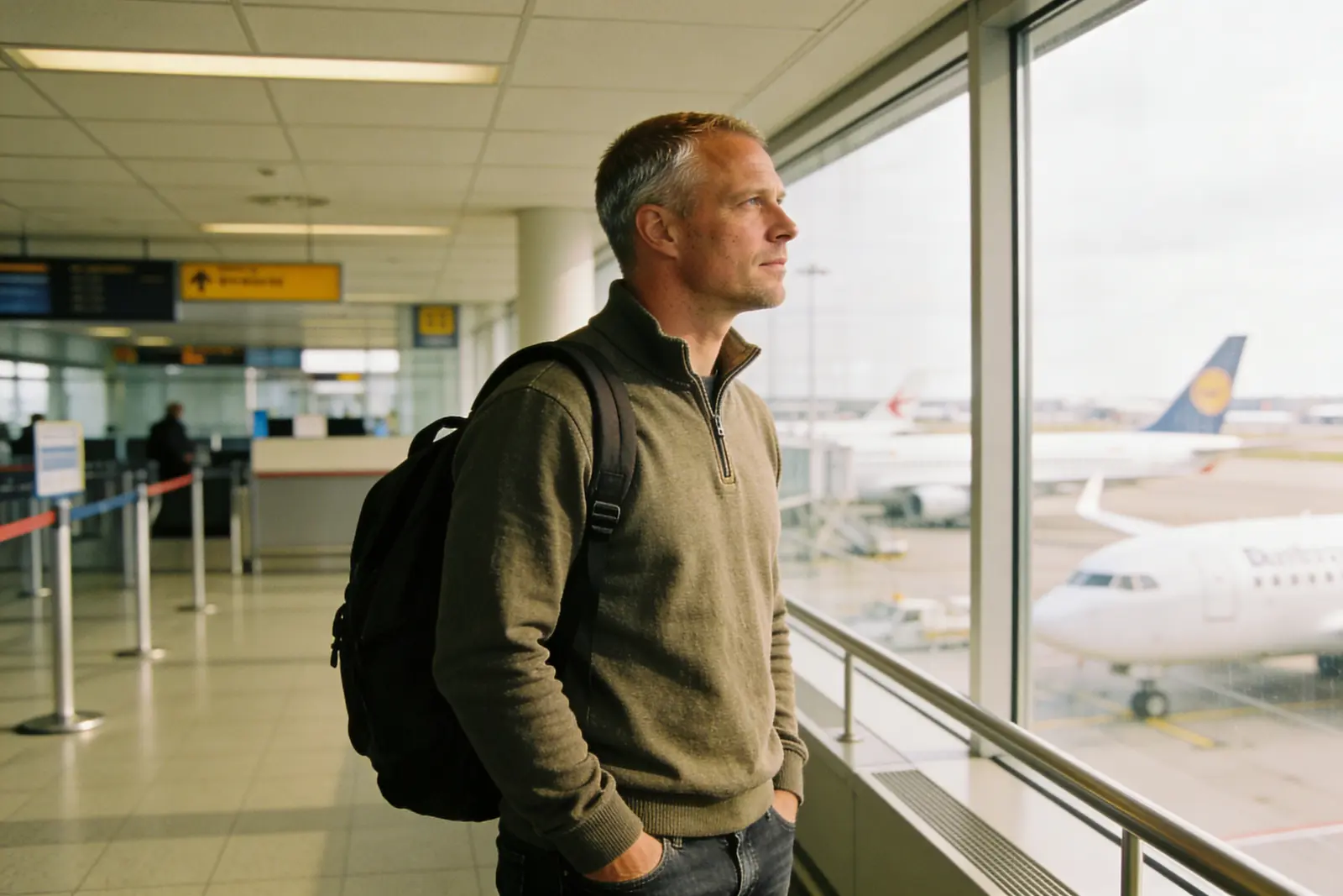 Man with a backpack waiting at an airport gate, watching planes