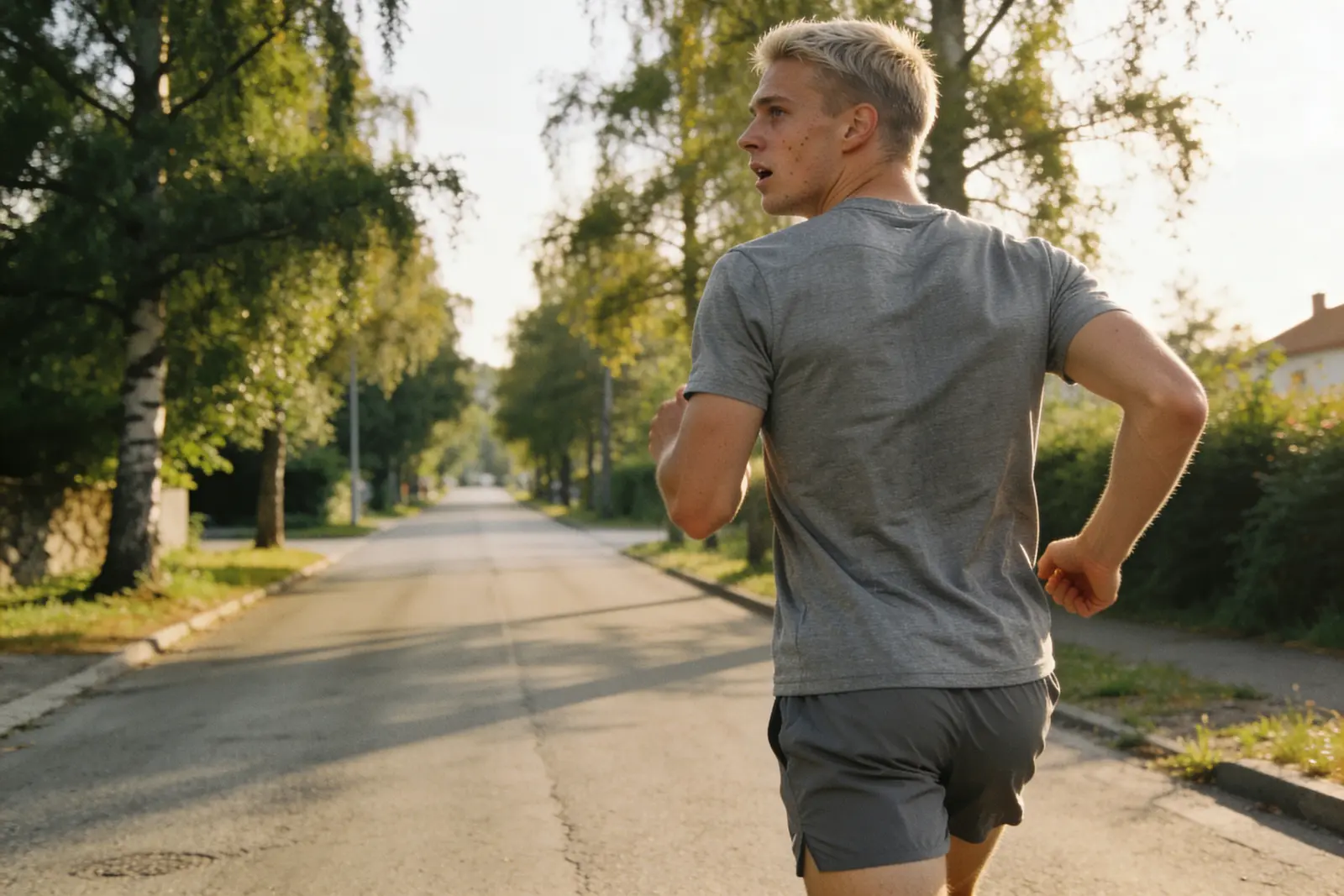 Man jogging down a tree-lined street in warm morning light