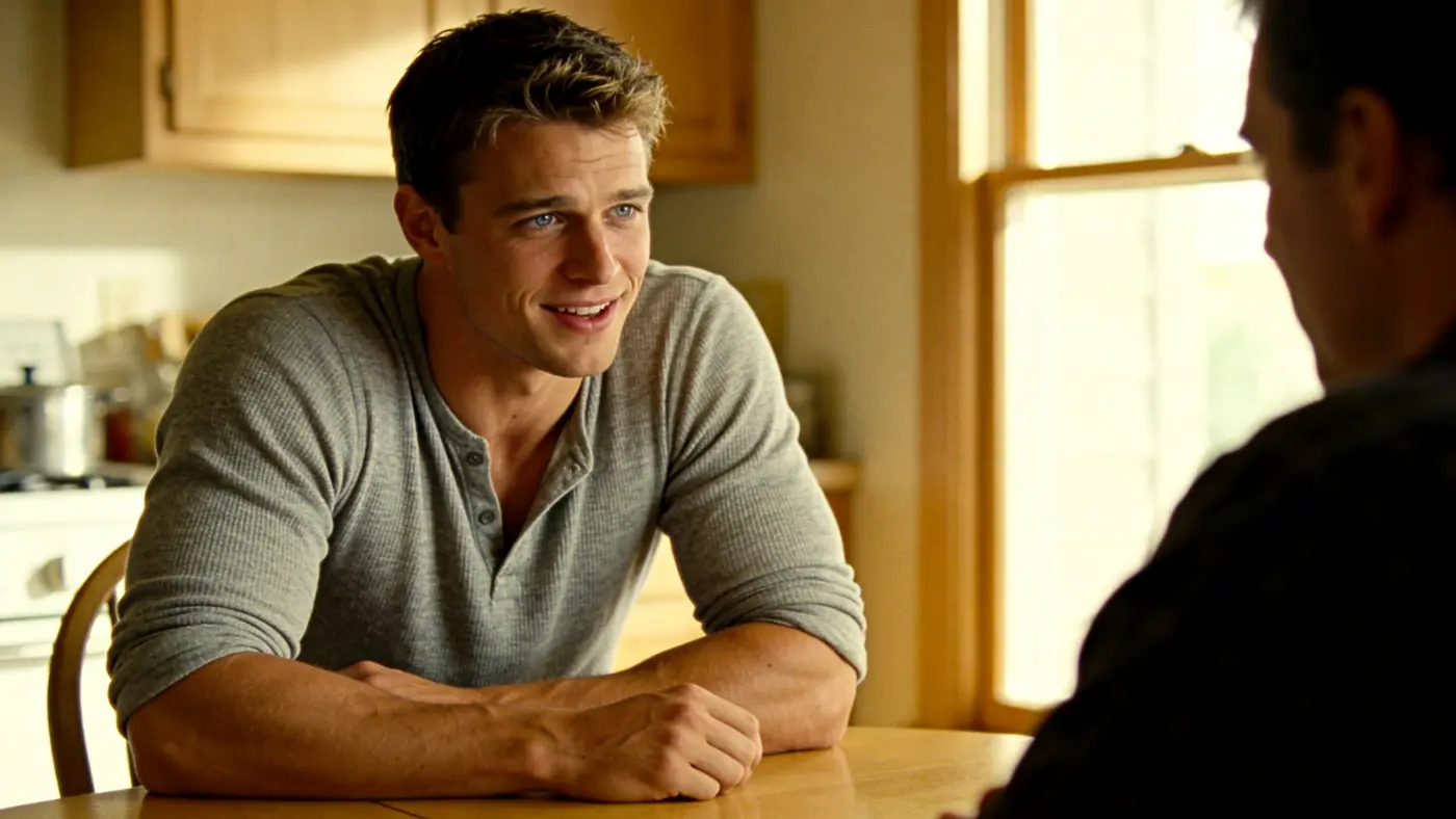 A young man leans forward at a kitchen table, talking something through in an honest conversation.