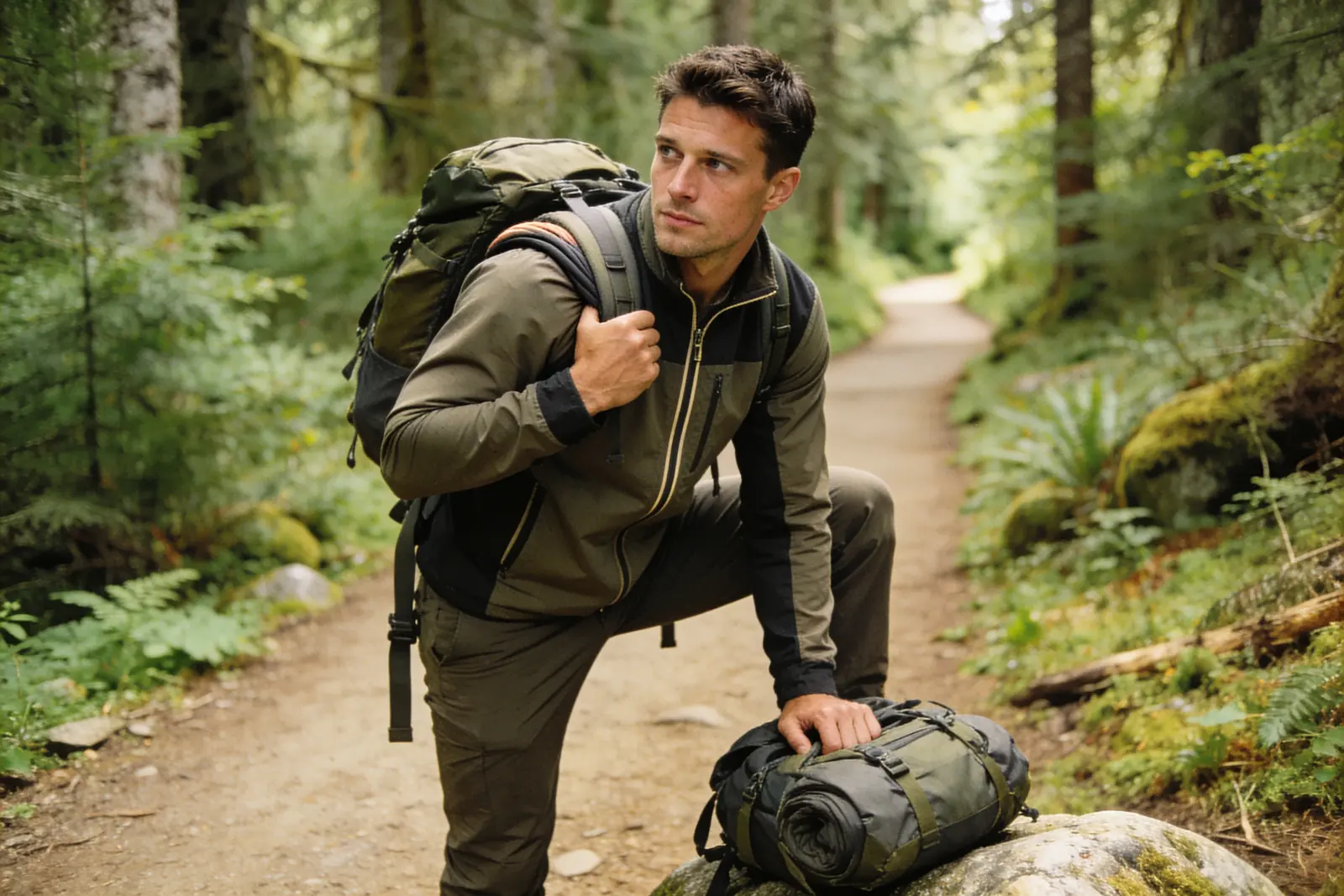 Man with a hiking backpack kneeling on a forest trail, reaching for gear