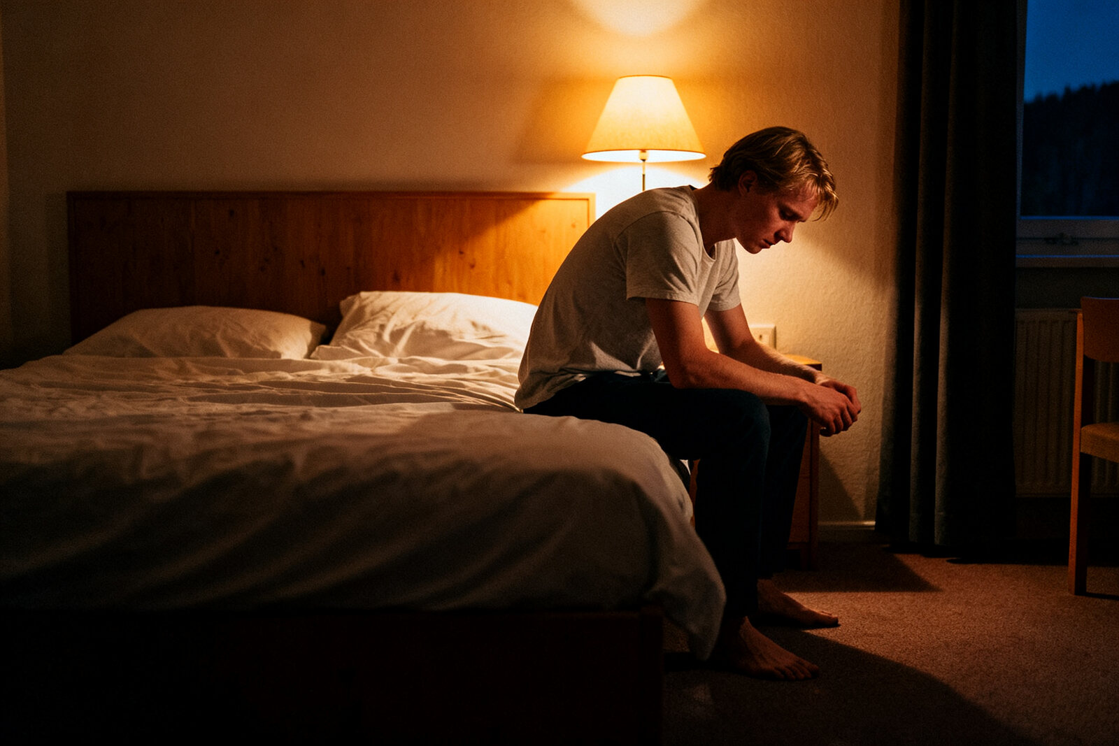 Man sitting on the side of a bed at night, quietly frustrated, looking down