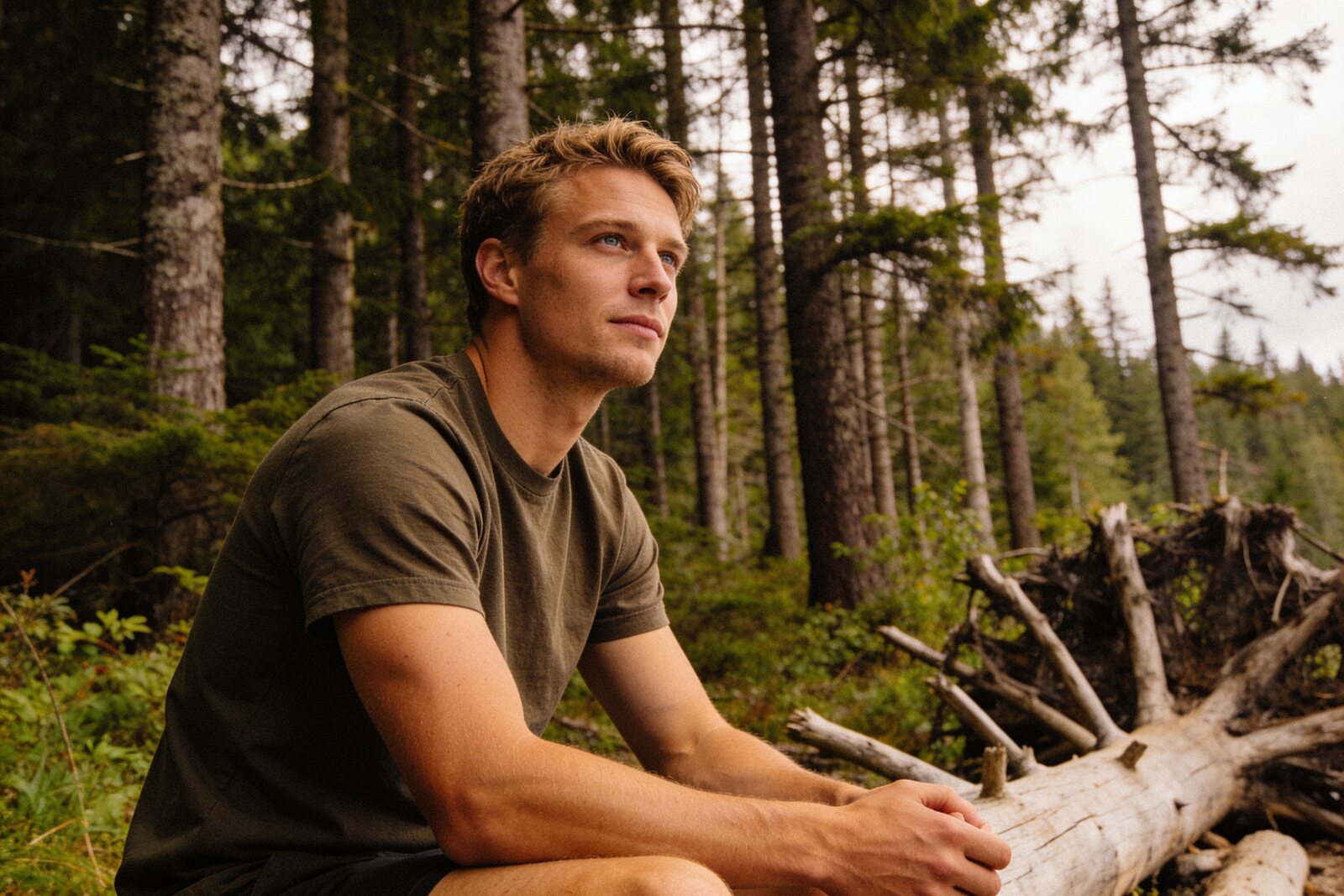 Man sitting outdoors in Pacific Northwest setting