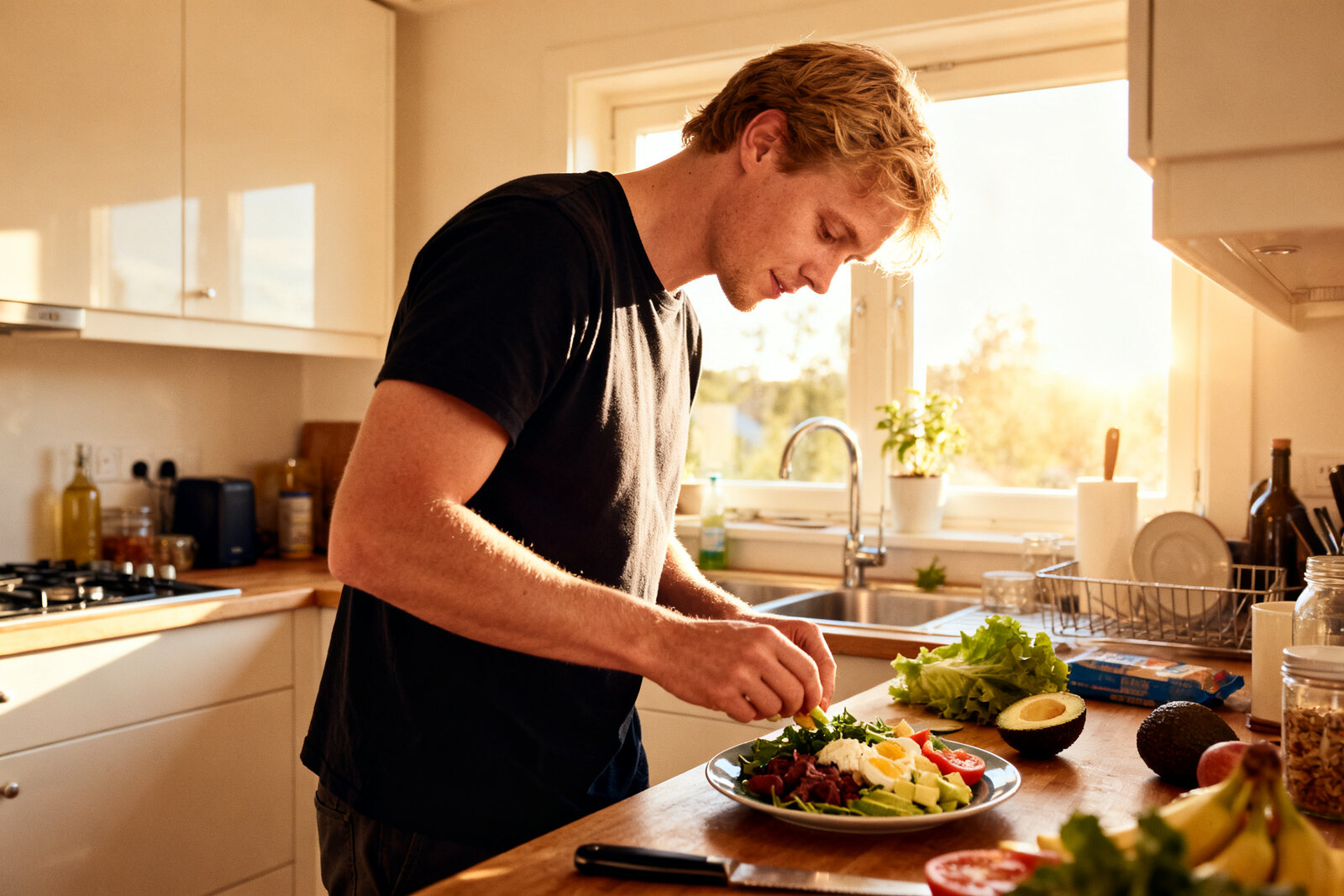Man in kitchen preparing a protein-heavy meal, morning light, healthy and relaxed
