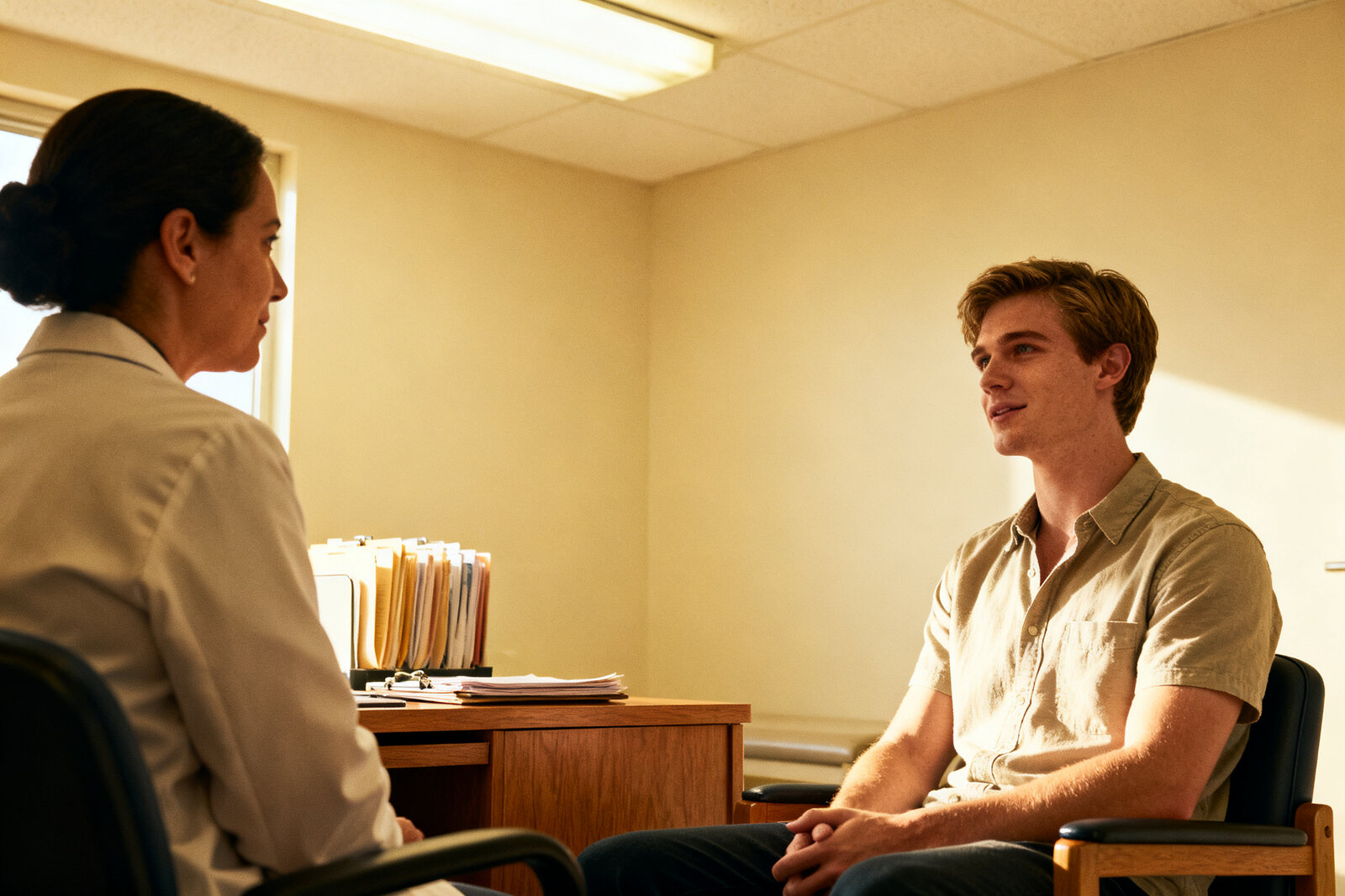 Man talking with a healthcare provider in a clinical office setting