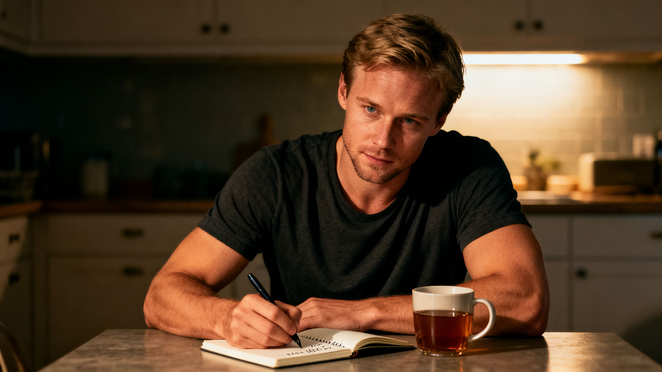 Handsome man writing an insomnia sleep plan at night