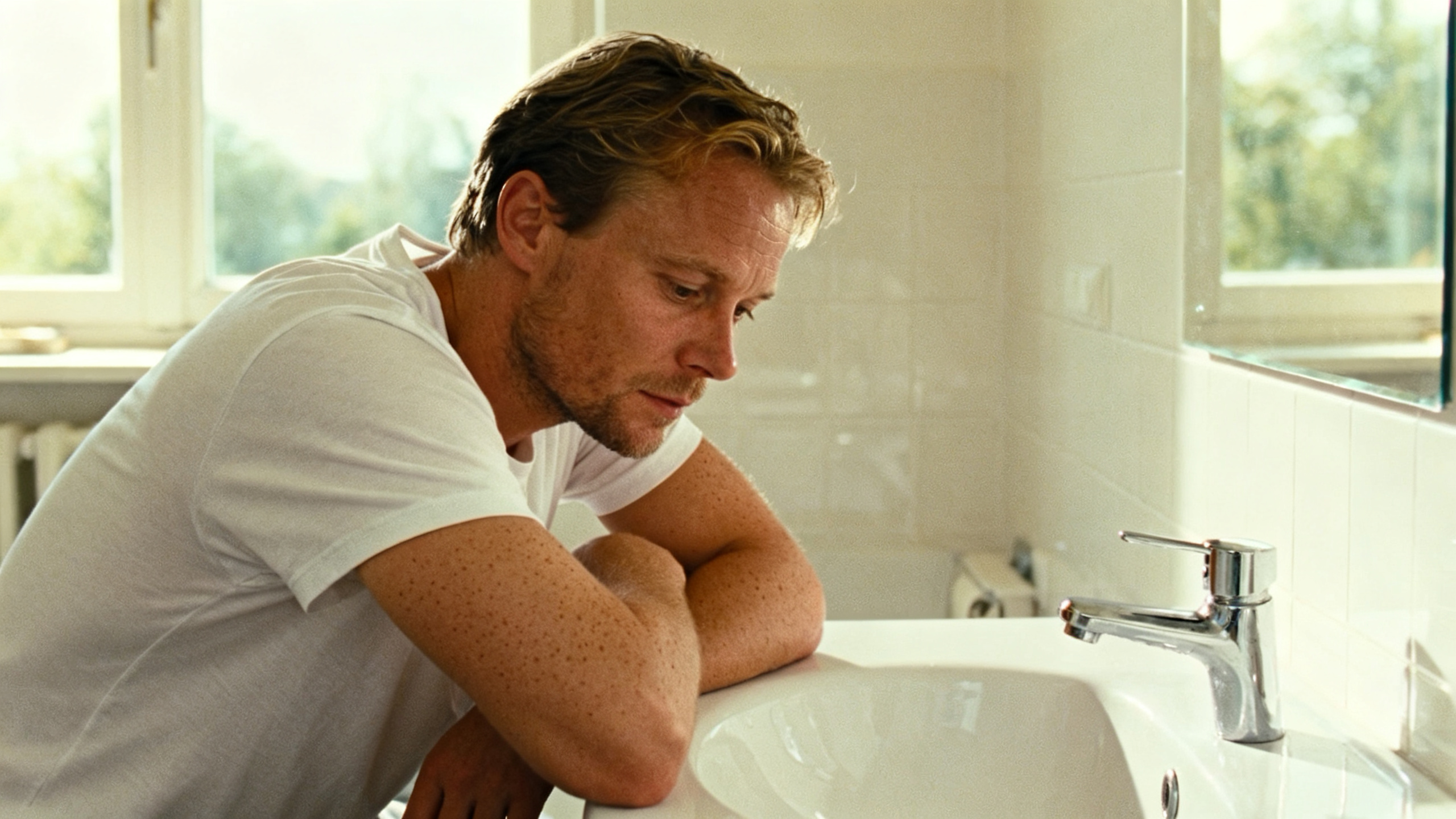 Man leaning over a bathroom sink while thinking about sexual health