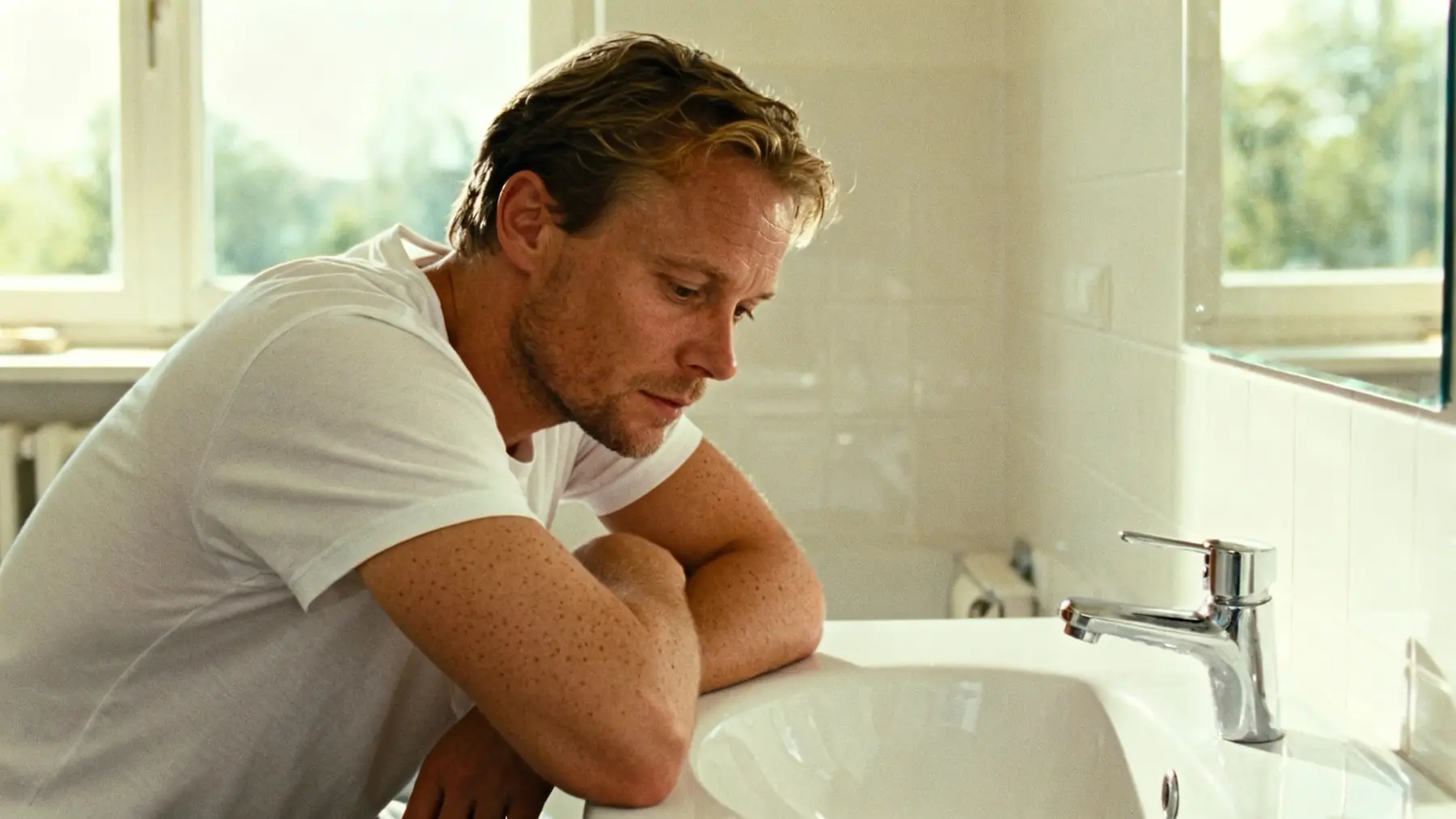 Man leaning over a bathroom sink while thinking about sexual health