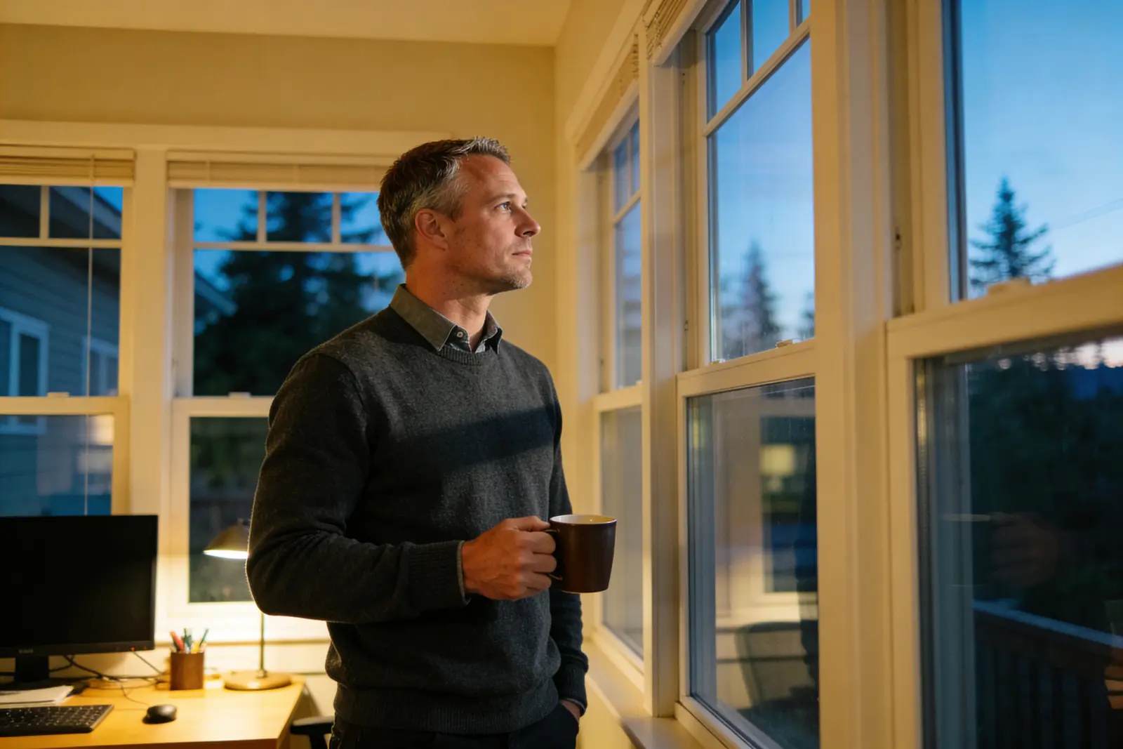 Man holding a mug gazing out a window at dusk from a home office