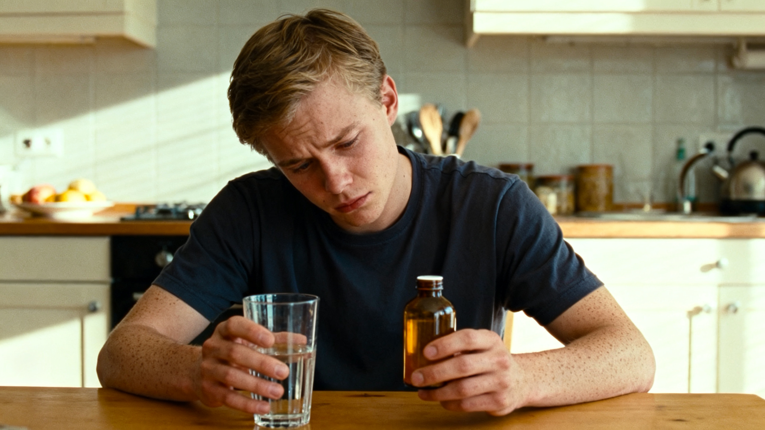 Young man weighing an SSRI prescription at a kitchen table