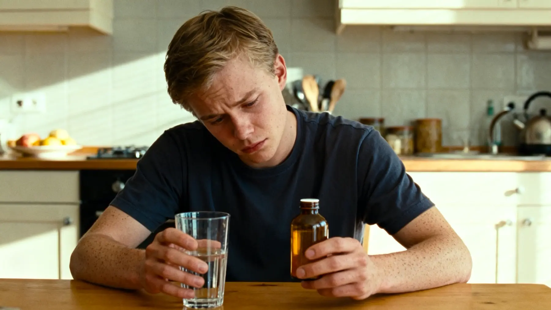 Young man weighing an SSRI prescription at a kitchen table