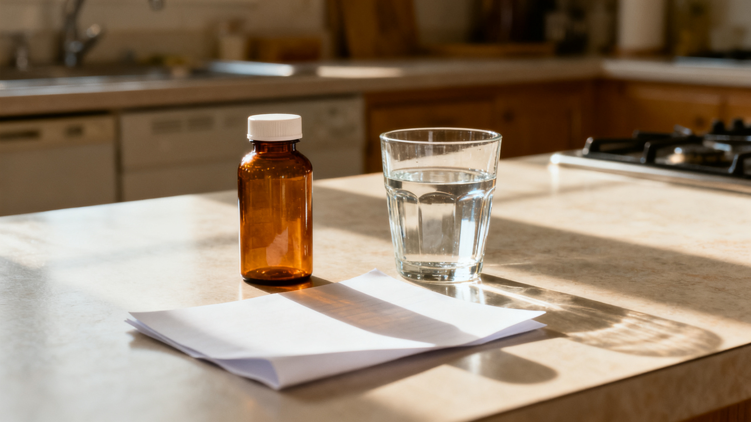 Blank paper, amber bottle, and water on a kitchen counter