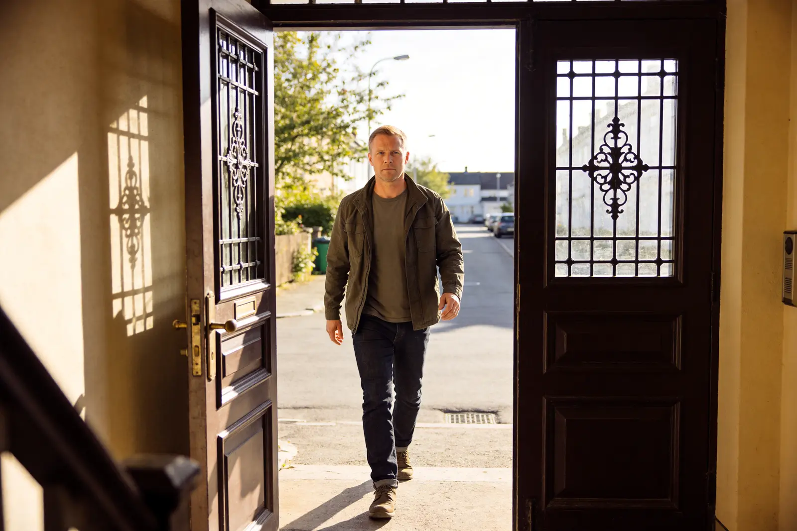 Man heading out on a clear morning, taking the first step on something he chose to do