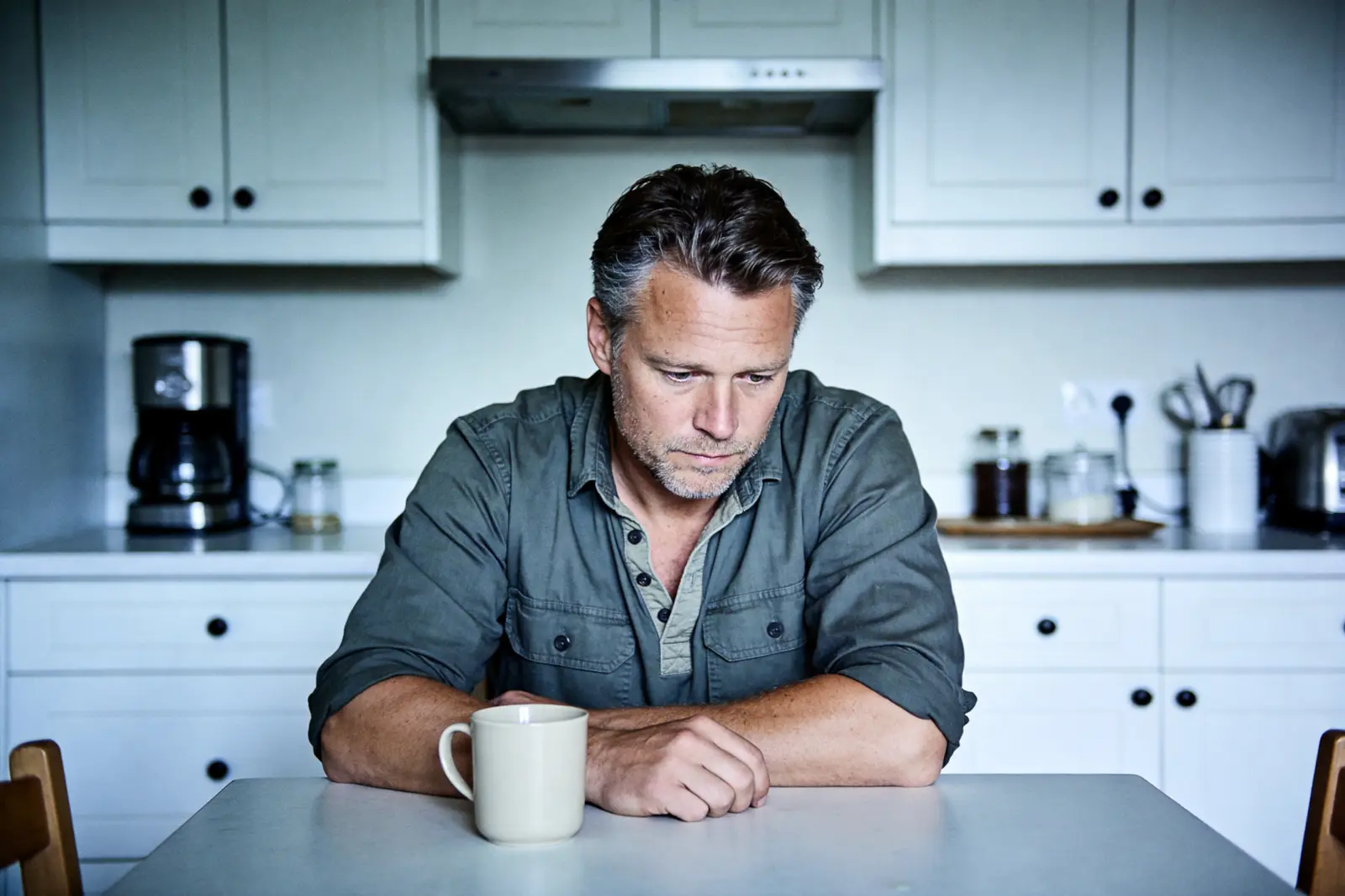 Man sitting alone at his kitchen table looking tired and closed off