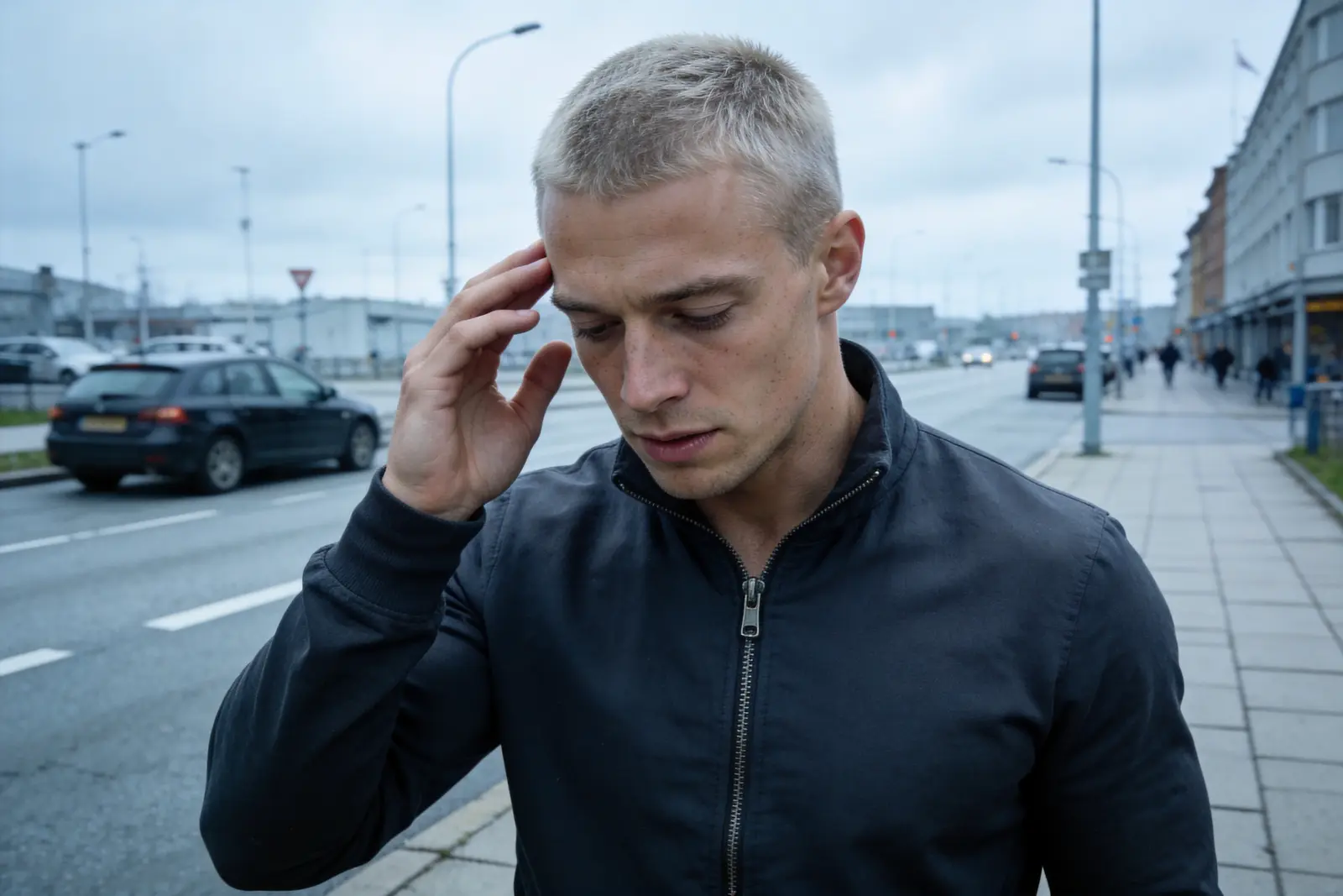 Man pausing mid-step on a sidewalk, a hand near his temple, feeling off