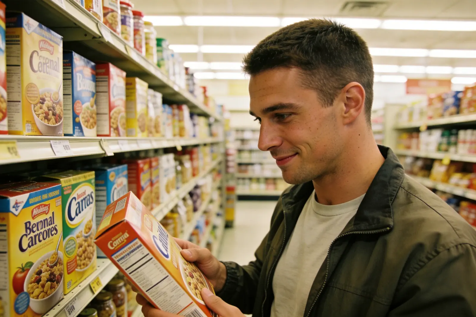 Man standing easily in a grocery aisle, calm and functional