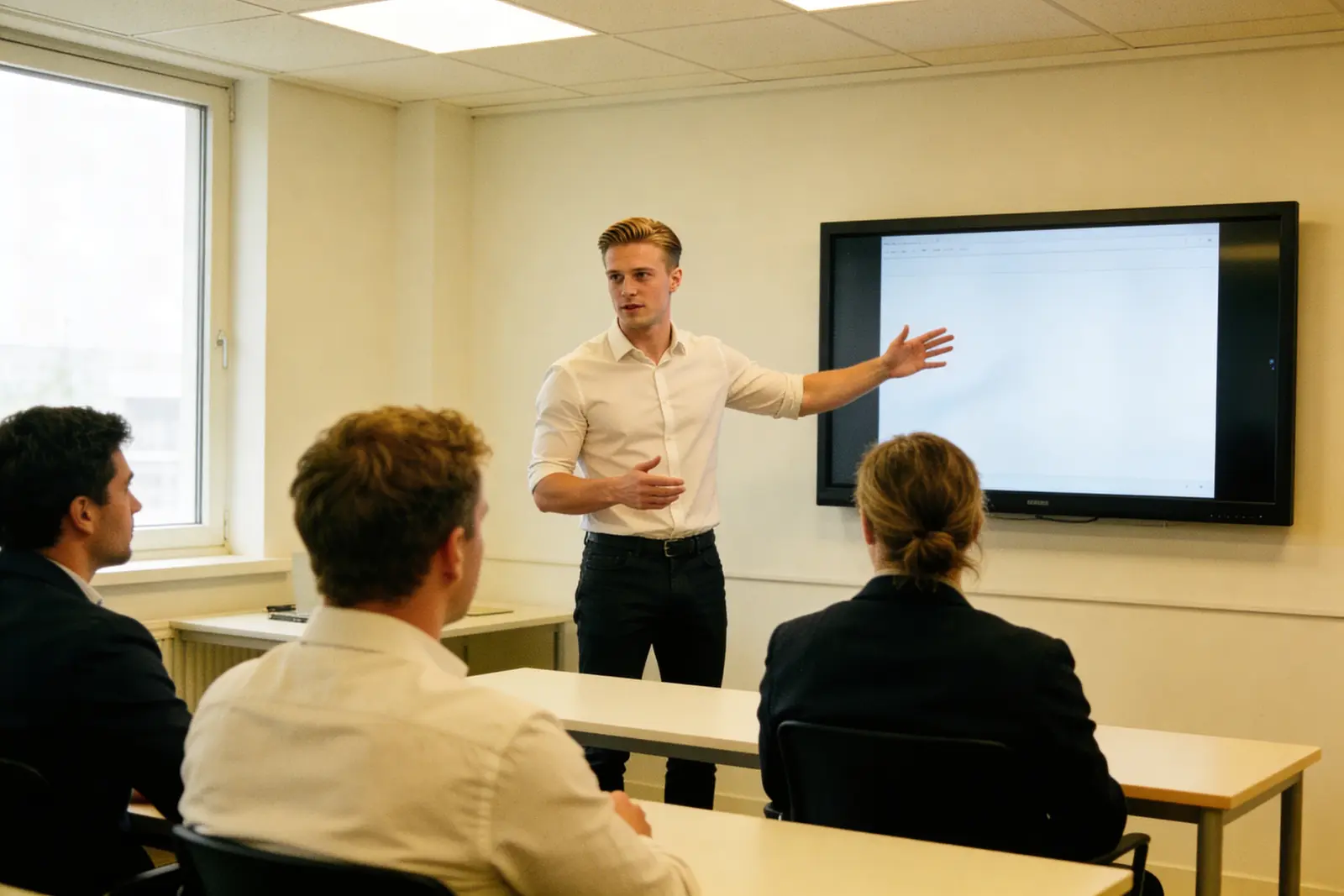 A fresh young graduate confidently presenting to a small group in a conference room