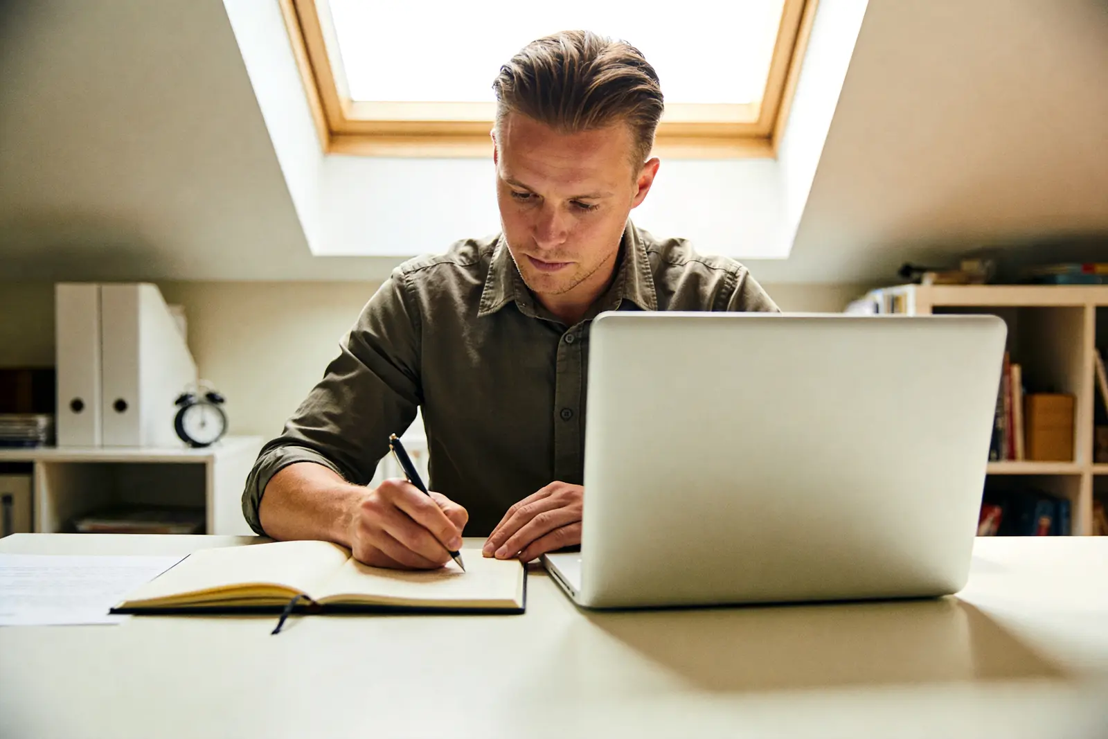 Man at a desk concentrating on work, looking clear-headed and focused