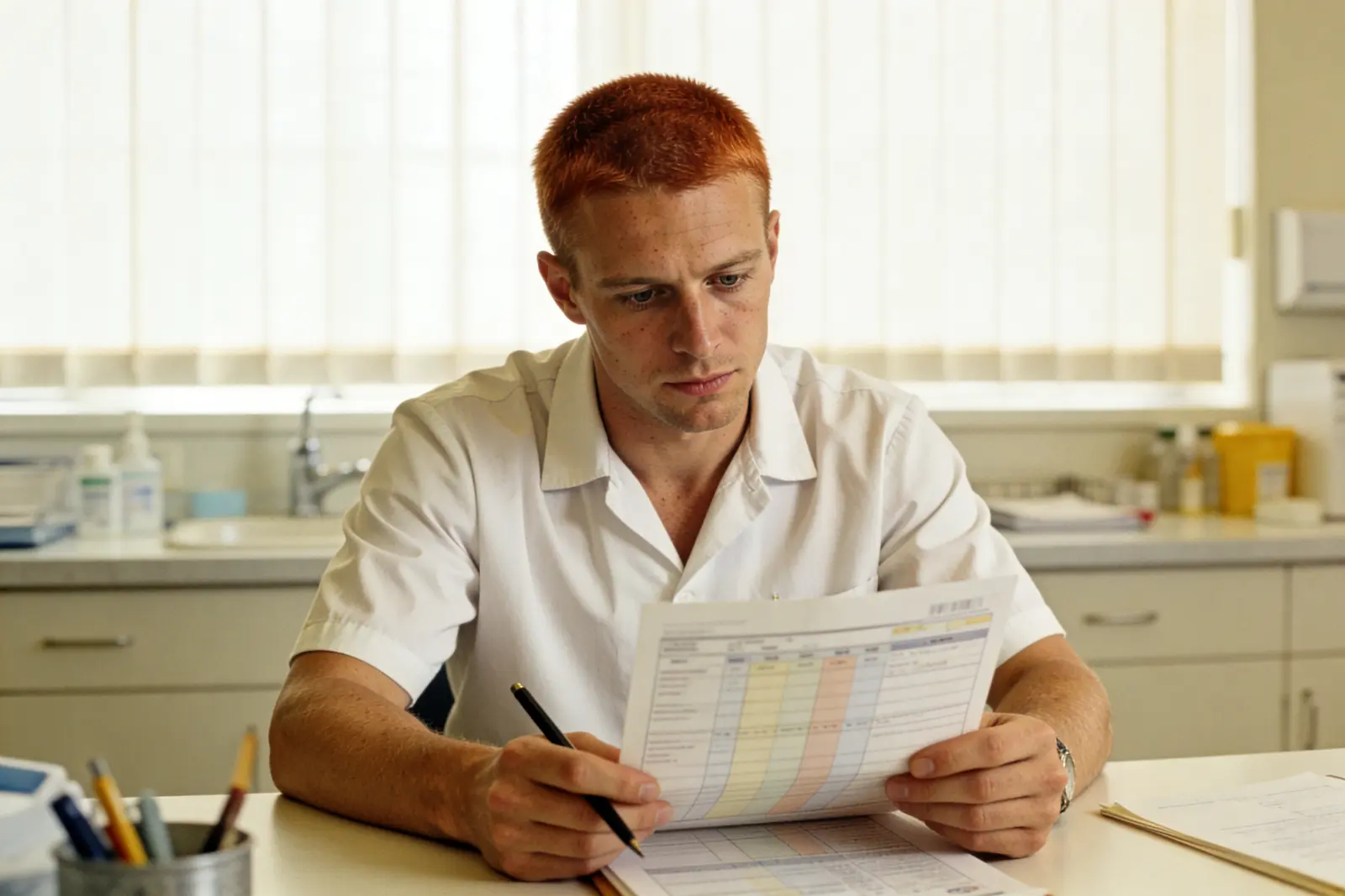 Attractive clinician pausing thoughtfully over a patient chart, holding a careful line