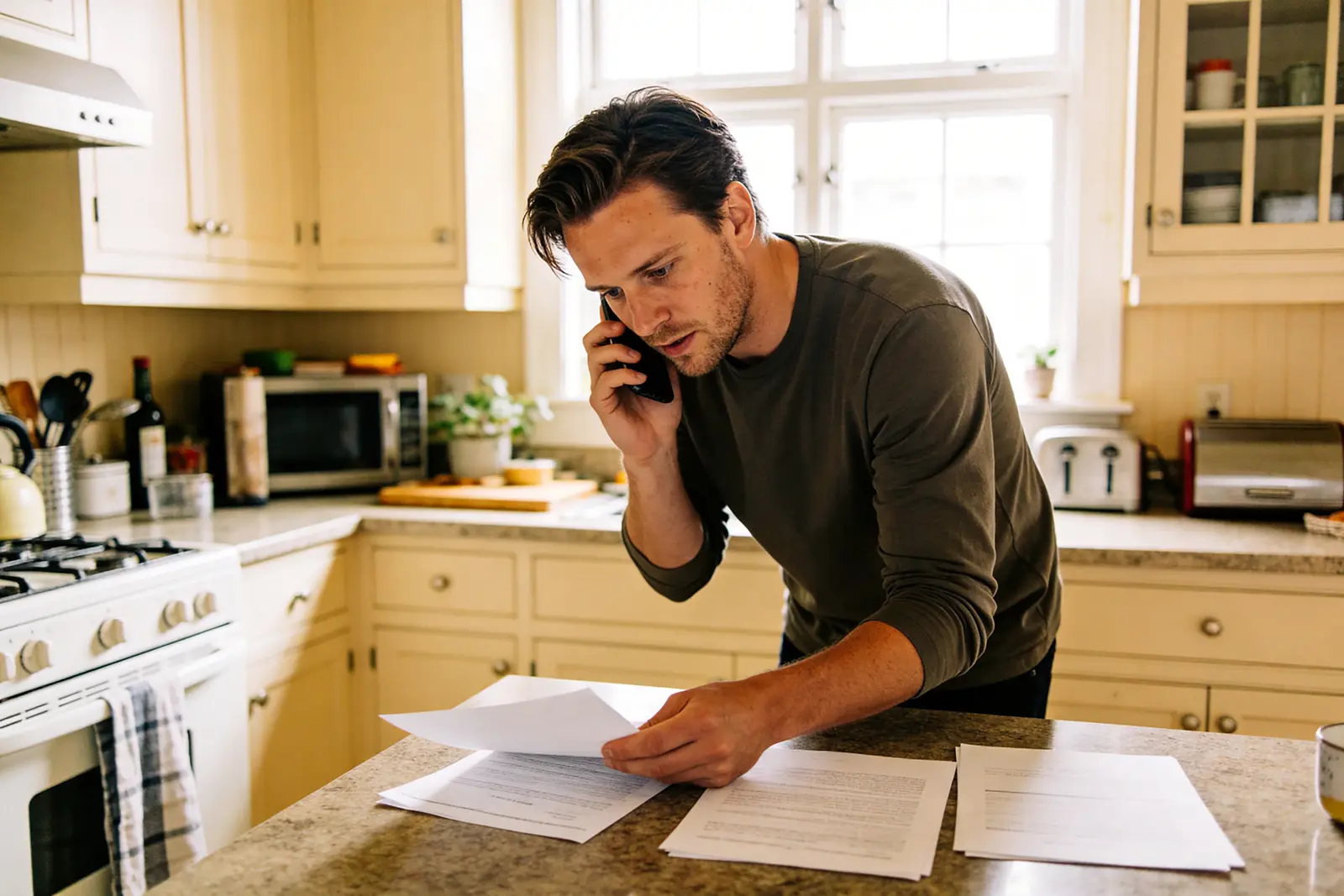 Man on the phone at his kitchen counter, organizing paperwork, focused and a little stressed