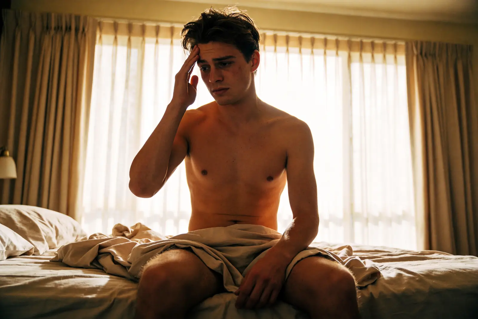 A young man waking groggy in bed in the first rough weeks of starting a medication