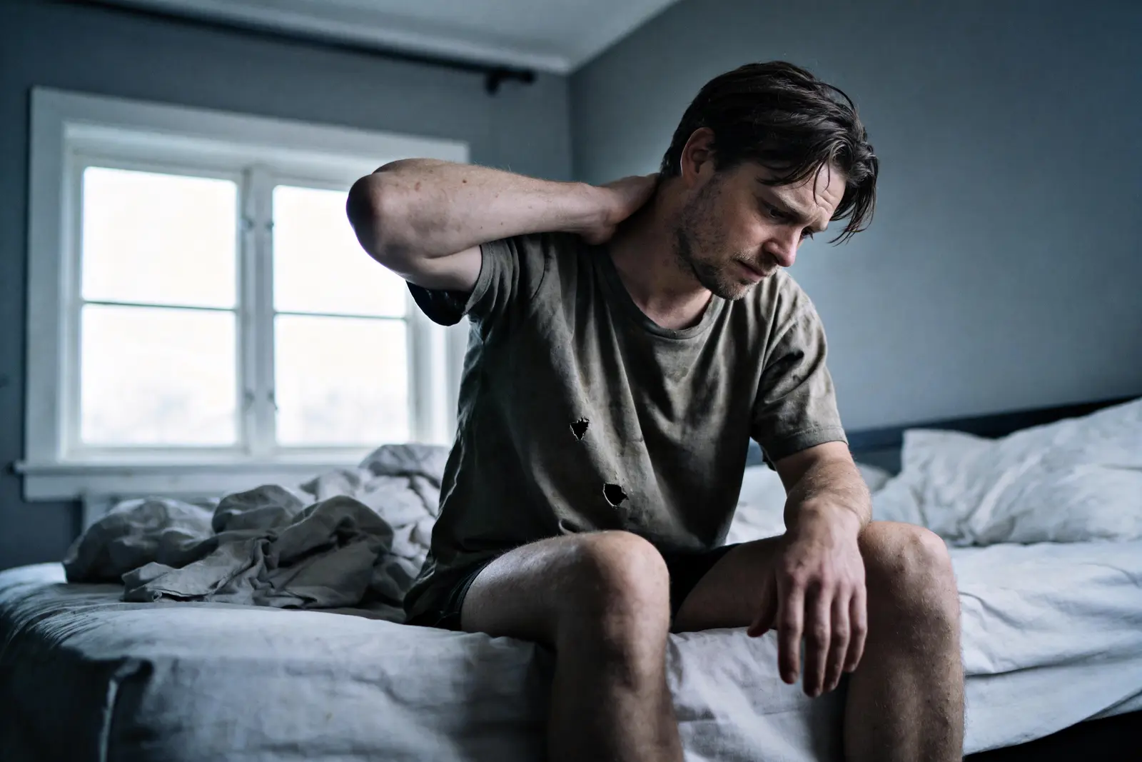 Man sitting on the edge of his bed in the morning rubbing the back of his neck, looking unwell