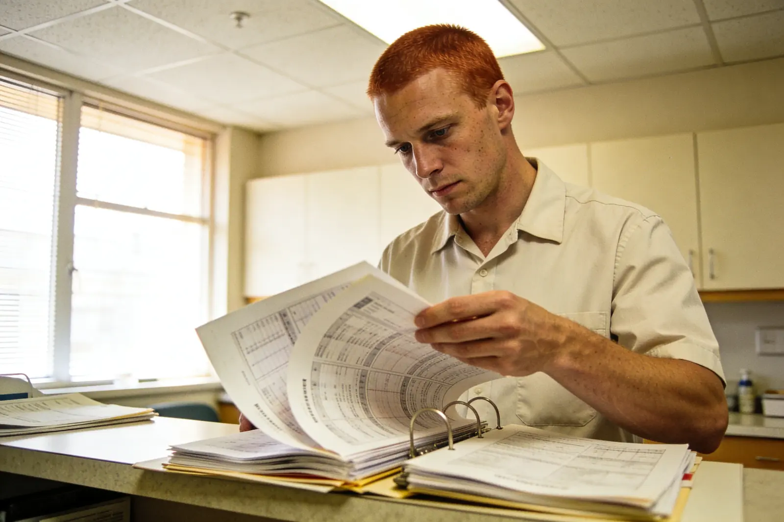 Clinician flipping back through pages of a patient's history before prescribing