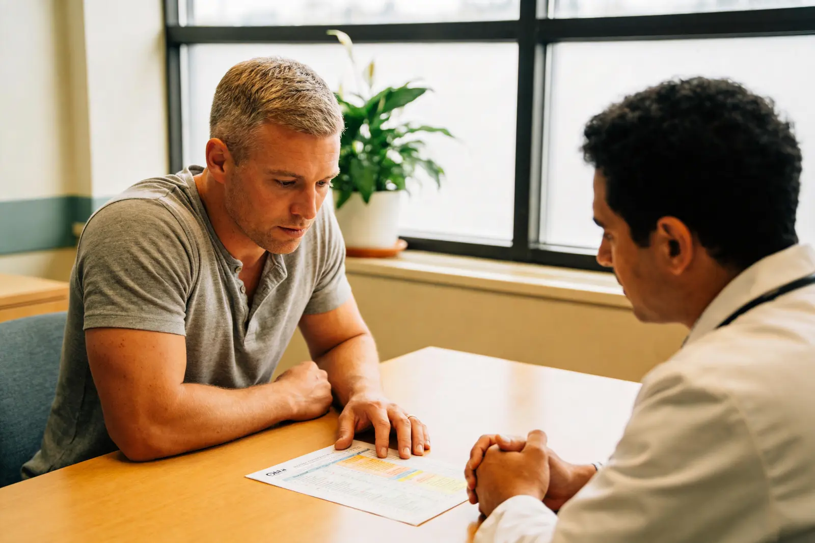 Patient and prescriber reviewing a medication list together at a desk