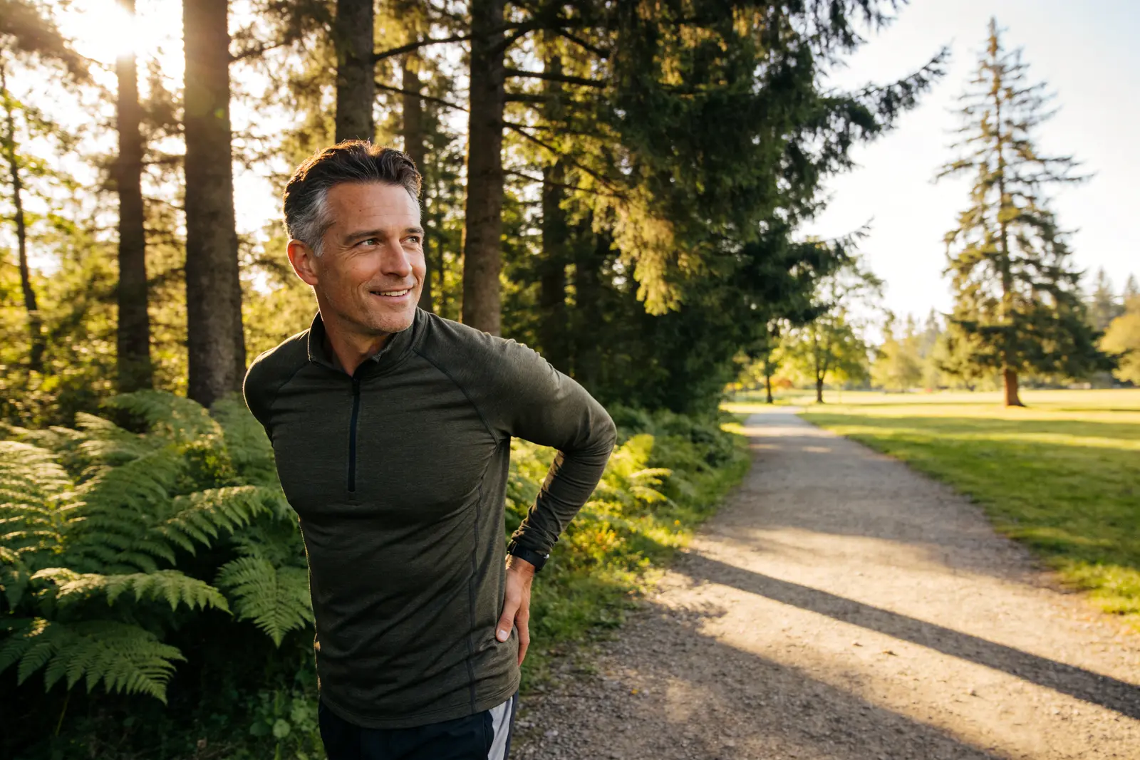 Man easing back to active life, walking outdoors with less back pain