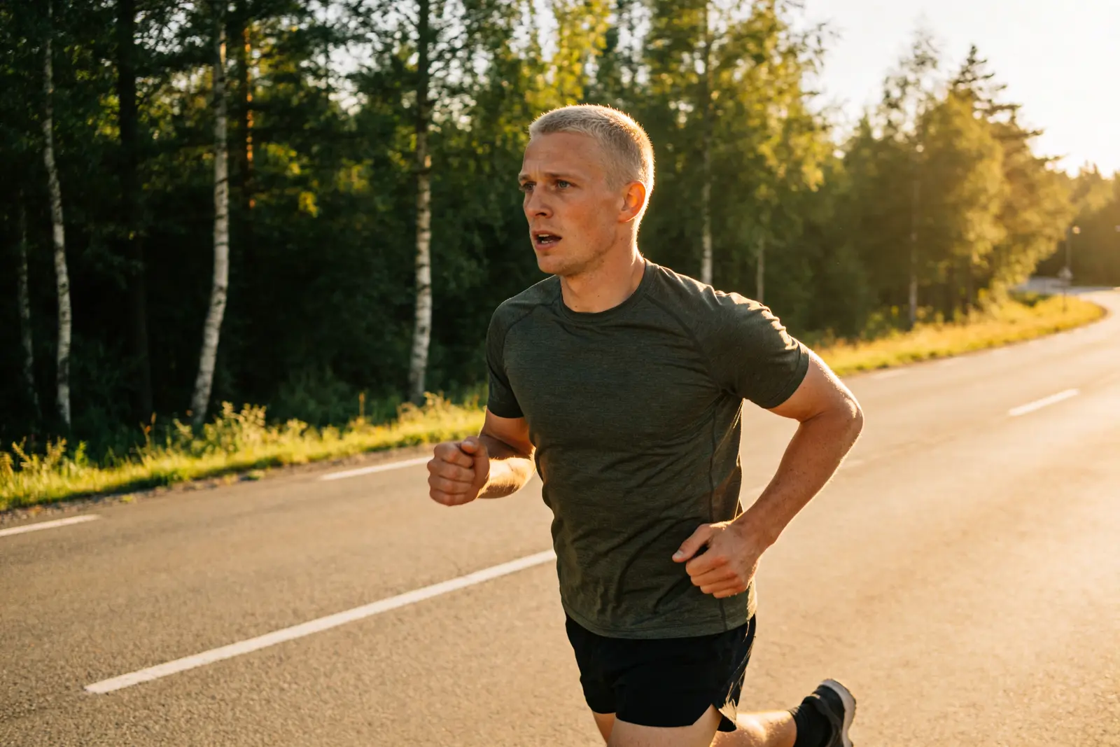 Fit man finishing a steady morning run on a quiet road