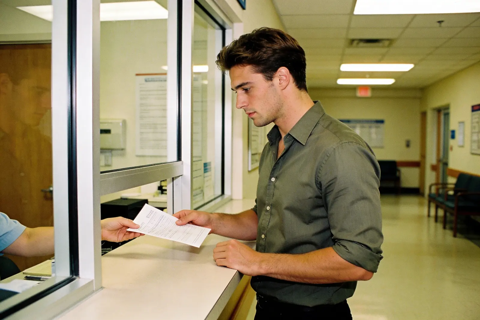A handsome man handing over a lab order at a clinic check-in counter
